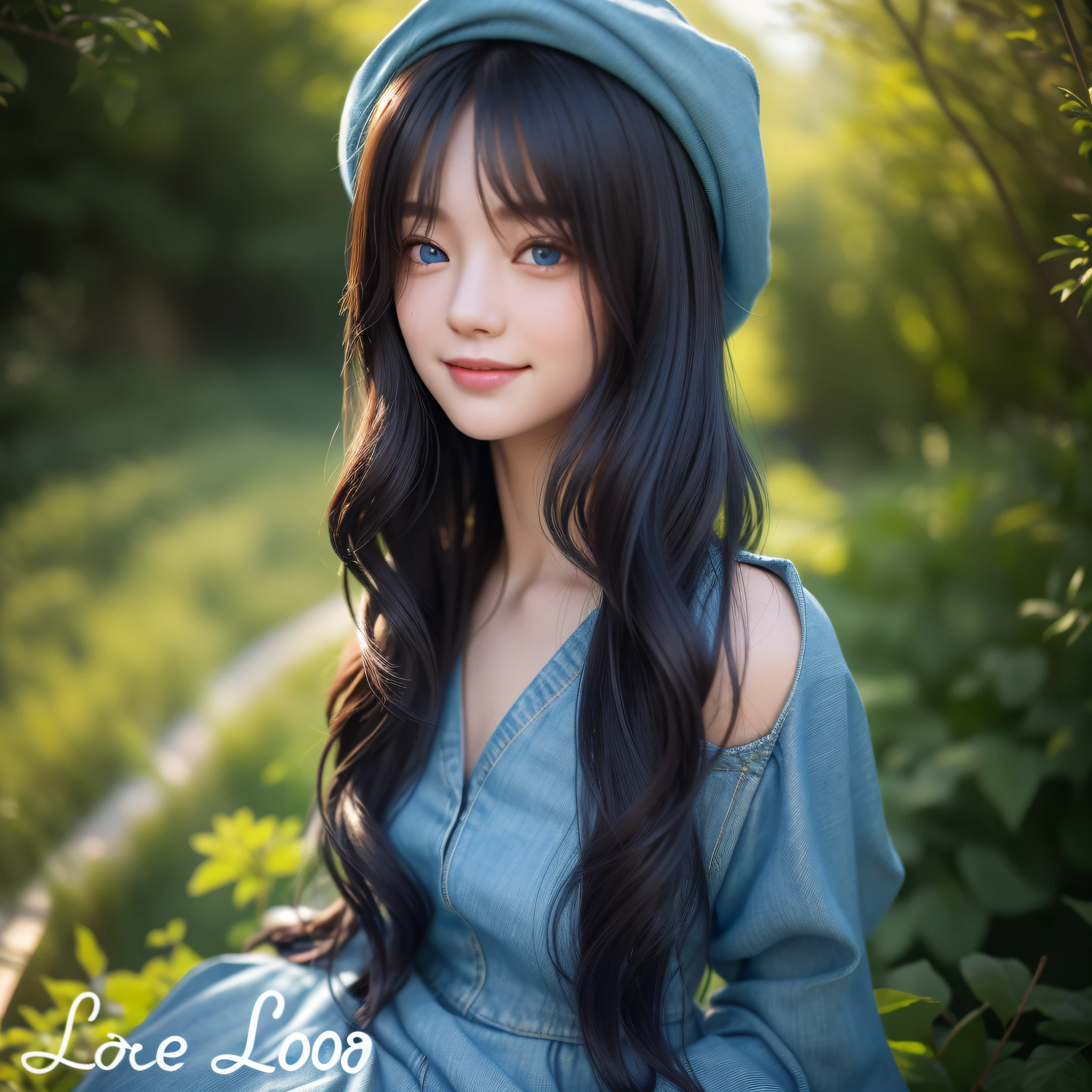 ((Best Quality, 8K, Masterpiece: 1.3)), 1 girl, neat and clean outfit, hair faithful to the image, hair color faithful to the image, delicate eyes, double eyelids, wearing a denim dress, body, smiling woman, Japan person, blue eyes, garden, realistic human, model, portrait, cute girl,