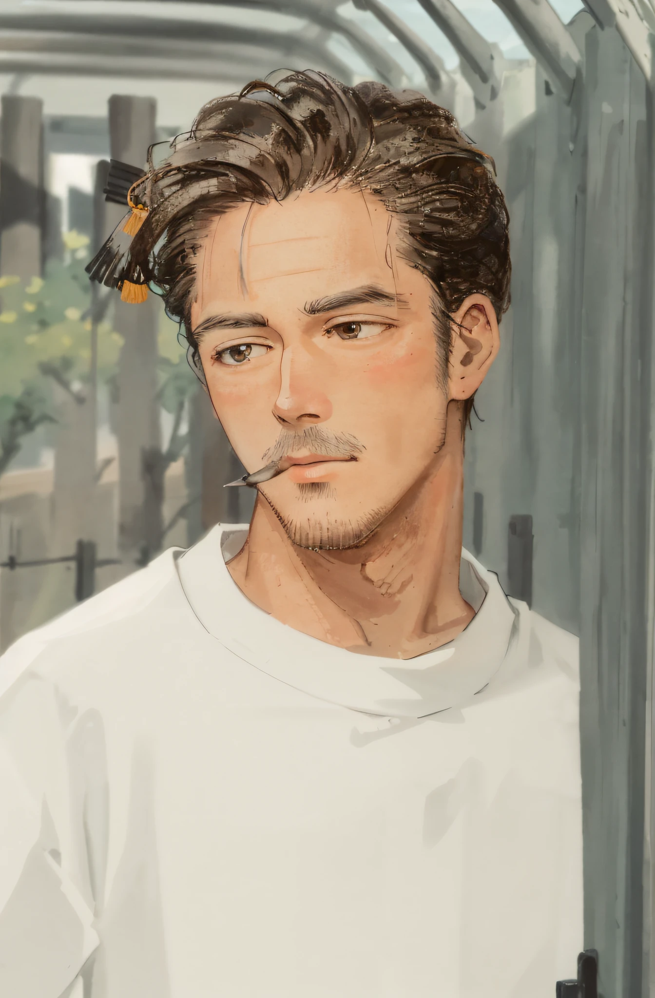 HD, (Best Detail) (Best Quality), There is a man standing by the fence holding a mobile phone, ink painting, (Chinese style), detailed and delicate face, serafuku,
