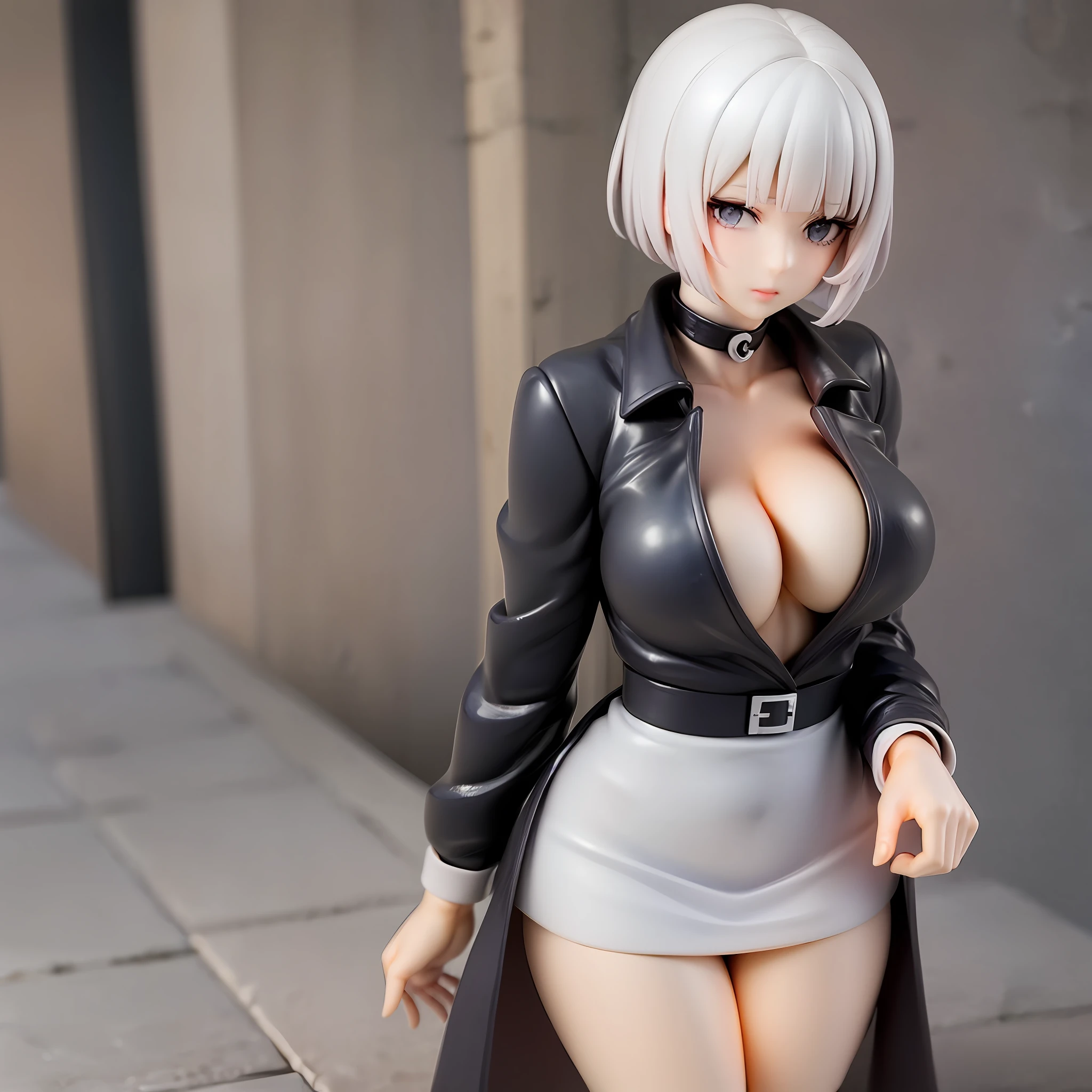 girl, white short hair, black outfit, wavy bob hair, black trench coat, black blouse, smoking cigarette, sharp eyes, large breasts, beautiful white eye, outside, full body, at night, from above, looking away