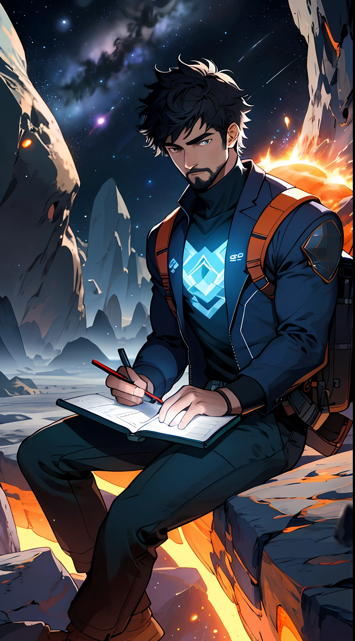 Draw a young programmer, sitting on a research platform floating in the middle of an asteroid belt. He is studying with a notebook, surrounded by several asteroids glowing with fiery auras. Dramatic lighting from distant stars and planets illuminates the scene, casting deep shadows on the suit. The young man looks confident and determined, looking at the vast and mysterious universe with wonder and respect,facial hair, cowboy shot,