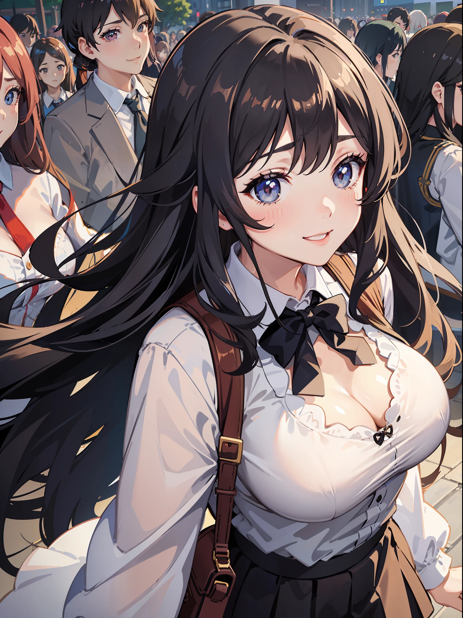 one woman,mini skirt,blouse,cleavage between breasts,boobs,large breasts,cute face,drooping eyes,big eyes,smiling,flushed cheeks,medium hair,semi-long hair,long hair,wave hair,from above,outdoor,daytime,Crowd of People,anime style,masterpiece, extremely fine and beautiful,illustration