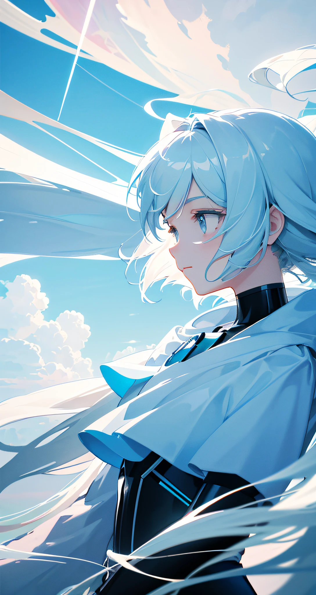 masterpiece, best quality, movie still, 1girl, floating in the sky, cloud girl, cloud, (close-up:1.1), bright, happy, fun, soft lighting, (Bauhaus, shapes, lines, abstract:1.1)