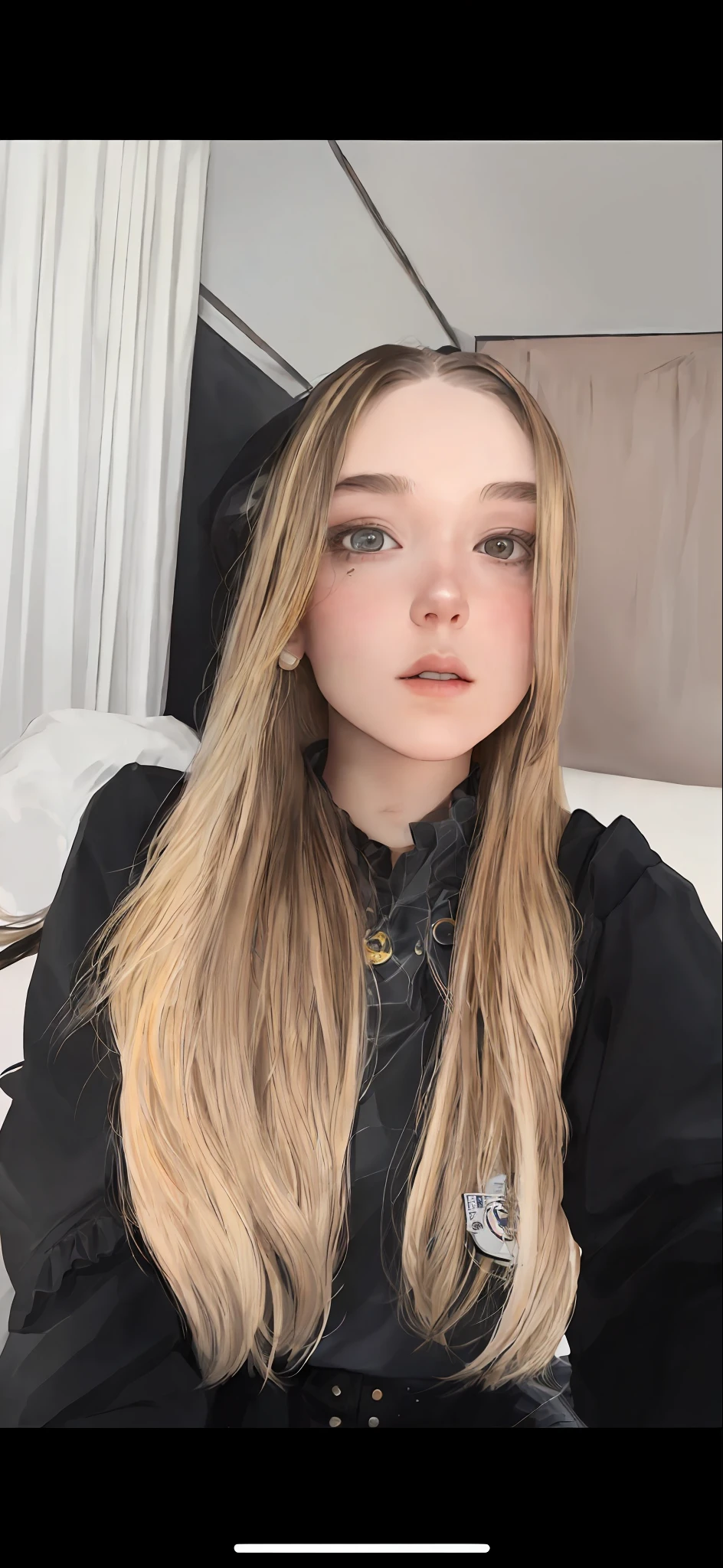 a close up of a woman with long hair and a black top, low quality video, tiktok video, pokimane, long blonde hair and large eyes, anna nikonova aka newmilky, with long blond hair, with long hair, brunette with dyed blonde hair, she is facing the camera, 🔞🤡, 8k))