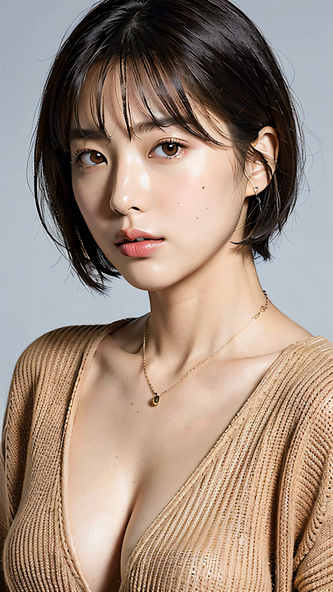 (Best quality, 8k, 32k, Masterpiece, UHD:1.2),Photo of Pretty Japanese woman, large breasts, very short bob hair,upper body,face focus,oversized_sweater, necklace, simple background, from above, looking at viewer,