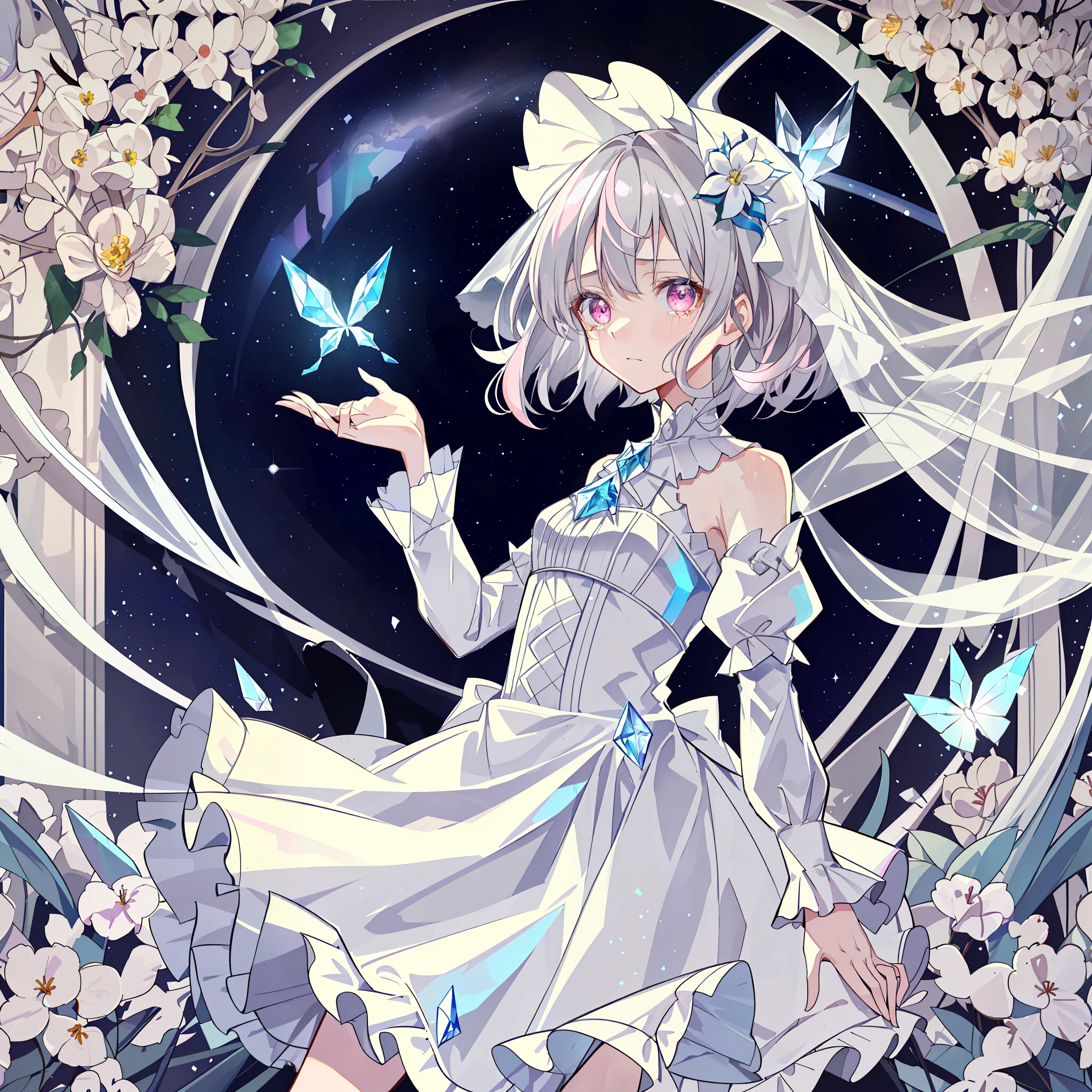 {{{{Masterpiece}}}}, {{Best Quality}}, {Official Art}}}, {Very detailed CG Unity 8k wallpaper}}}, {{{Art book}}}, 1 girl, gray hair, pink eyes, center frills, diamond (gemstone), short hair, sideburns, shiny hair, wavy hair, hair strands, veil, background with glass and flowers, white dress, crystal, big space, beautiful detail anything, beautiful detail face, beautiful detail eyes, beautiful detail background, cute loli, loli face, cute face, white theme, thin skirt, layered dress, sun dress, white butterfly, diamond world, crystal flower, eyes, ice theme, falling, sad face, tears, blue and white crystal background, nihilism, frustration, crystalline girl, fog, colored, {{{{pleated dress}}}}}, {{sexy dress}}, nude dress