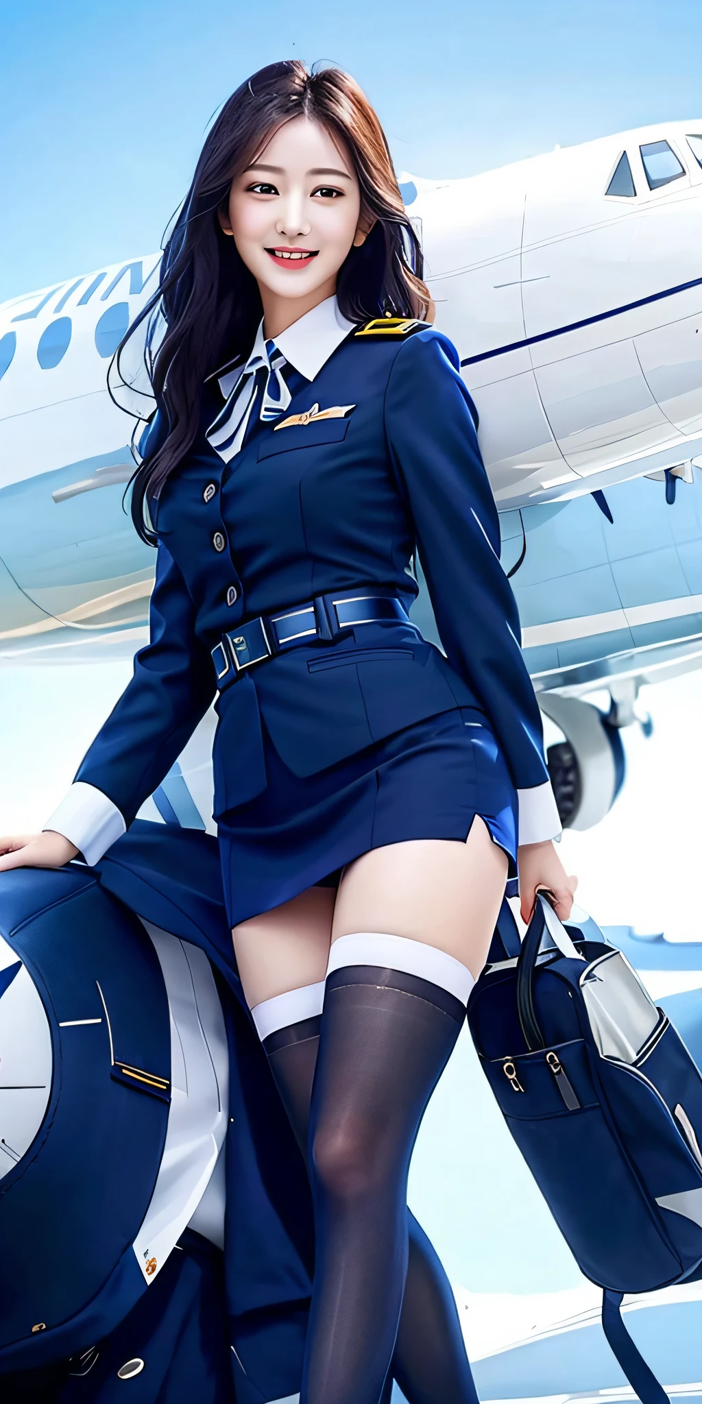 Top quality, masterpiece, laughing, navy blue uniform, white airplane