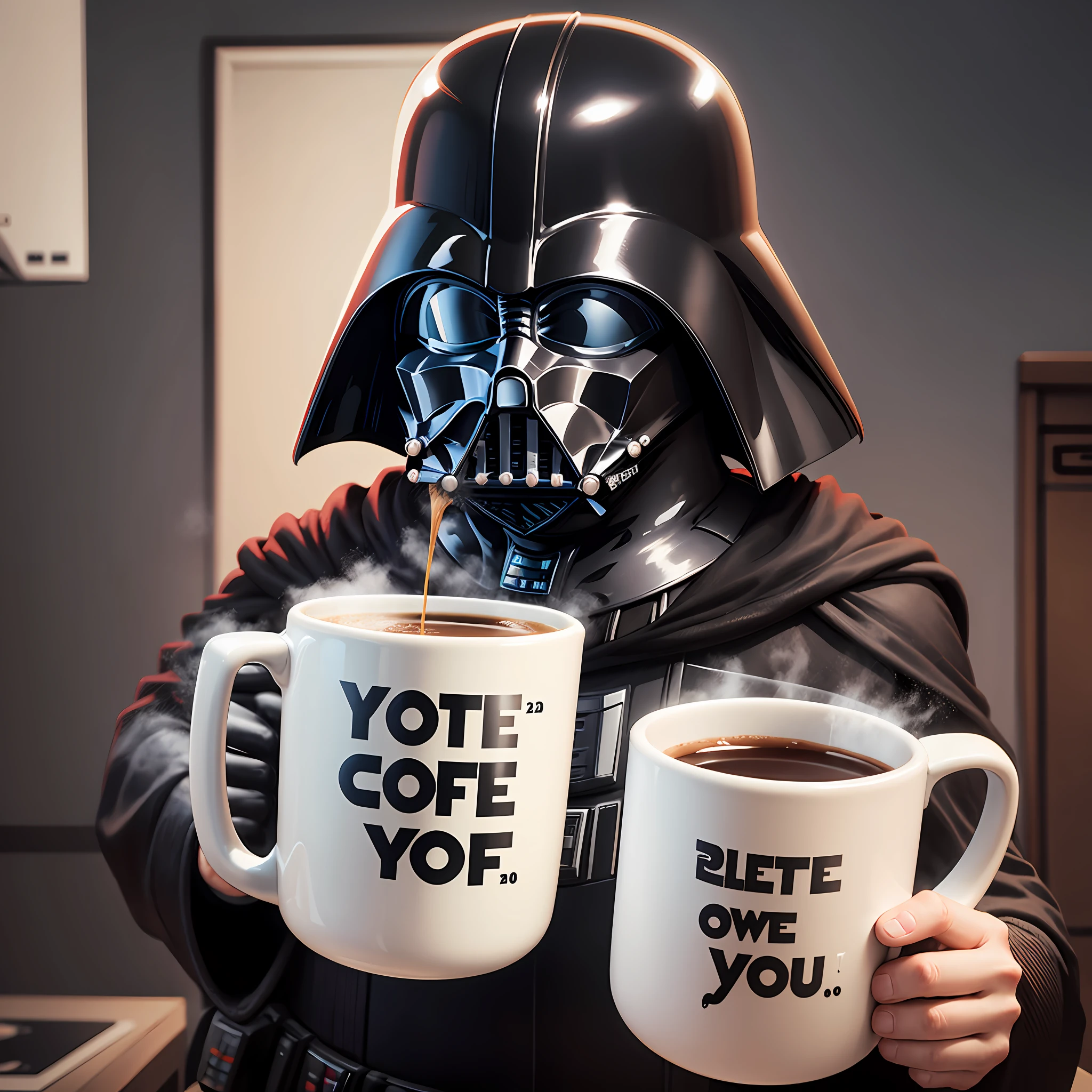 Dart Vader holding a mug of coffee, with the phrase "May the coffee be with you!" --auto --s2