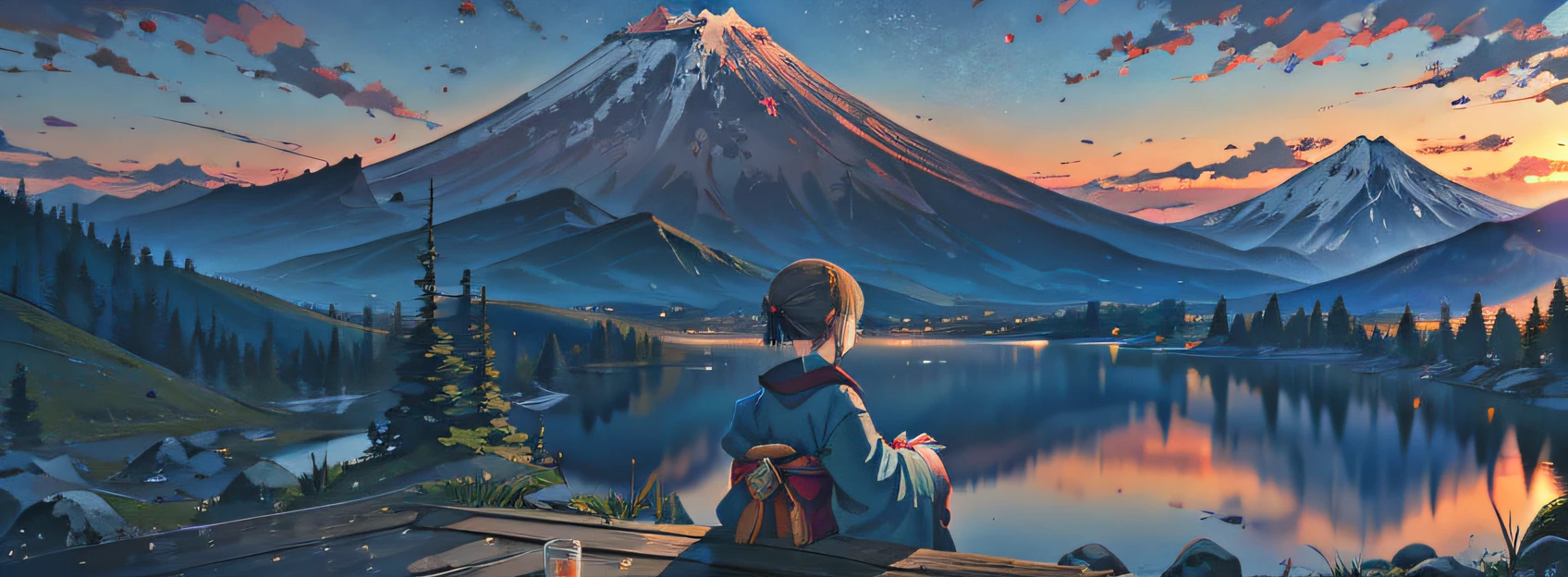 best quality, masterpiece, extremely detailed, detailed background, anime, 1girl, young girl, short girl, kimono, retro, mount fuji lansdscape, outdoors, sunset, beautiful sky, lake picnic, landscape, scenery, horizon, mountain sitting near mountain, wind, looking away, atmospheric lighting, solo focus, close up, from side, depth of field, bokeh