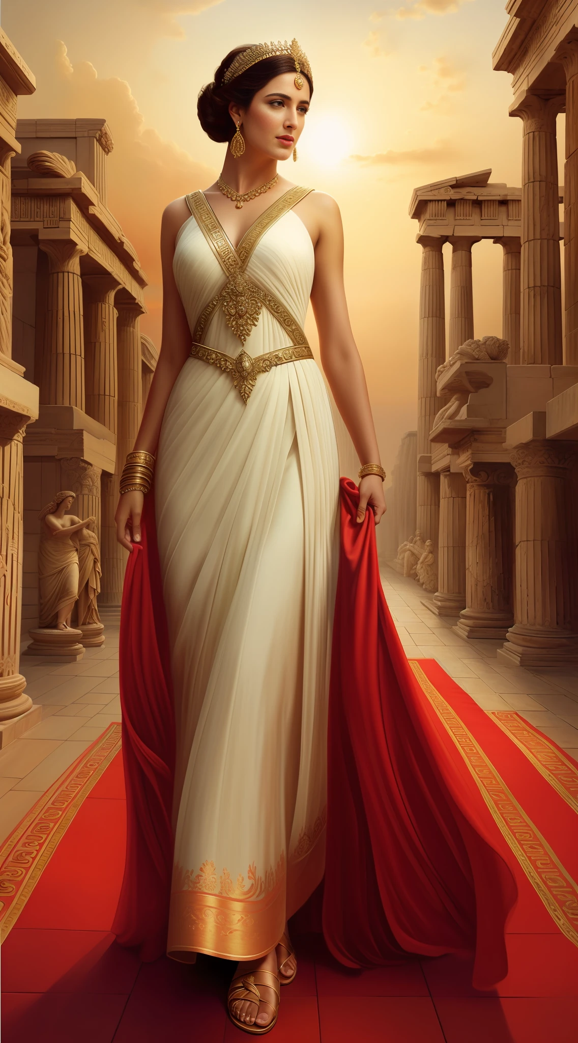 (best quality, high resolution, realistic style oil painting:1.2, by Greg Rutkowski), captivating ancient Greek female celebrities, exuding timeless beauty, wearing enchanting short ancient Greek dresses and intricately crafted sandals, confidently striding down the red carpet, (multitude of fans and spectators:1.1) creating a vibrant energy, late sunset casting a warm glow, a celebratory mood embracing the ancient Greek era, meticulous attention to detail capturing the essence of elegance.