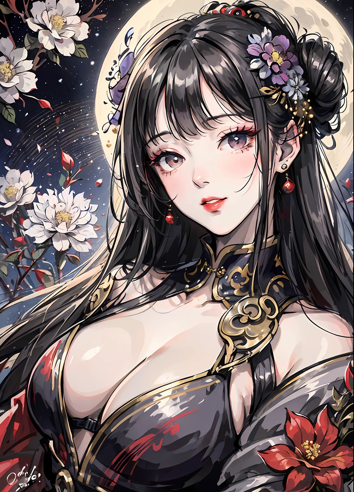 Masterpiece, Superb Style, Night, Full Moon, 1 Woman, Mature Woman, Chinese Style, Antique Chinese, Sister, Royal Sister, Smile, Brunette Hair, Updo, Red Lips, Calm, Intellectual, Hairpin, Hair Flower, Detailed Facial Details, Detailed Eyes, Full Body, Gray Eyes, Long Hair, Hydrangeas, Diagonal Clothing conservative