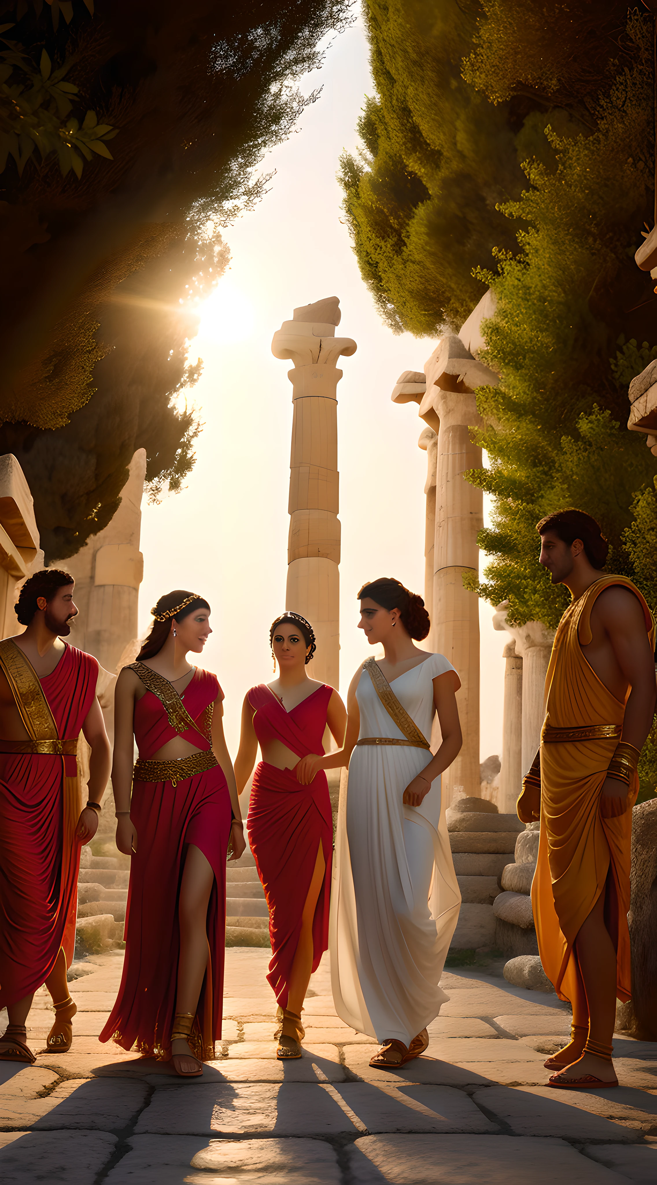 (best quality, high resolution, realistic photography:1.2, official art:1.1, by Greg Rutkowski), enchanting ancient Greek women, adorned in (elegant ancient Greek dresses:1.2) and (graceful ancient sandals:1.2), engaging in animated conversations with ancient Greek men, (along an ancient Greek road:1.2), the late sunset casting a mesmerizing glow, (creating a party-mile atmosphere:1.2), capturing the essence of the ancient Greek era in vivid detail.