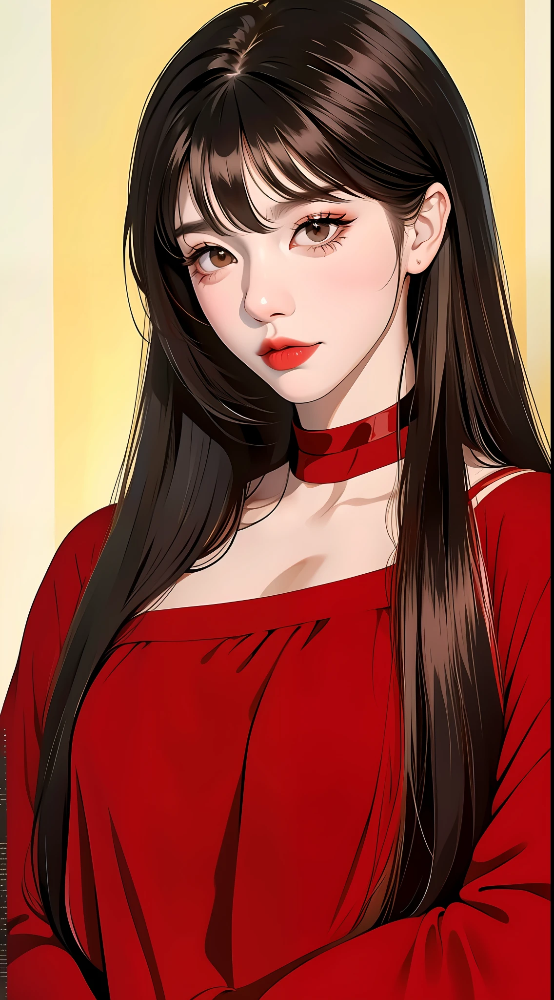 1女孩,bare_shoulders,black_choker,brown_eyes,brown_hair,项链,crop_top,耳环,珠宝,嘴唇,long_hair,long_sleeves,looking_at_viewer,off_shoulder,red_dress,red_shirt,独奏