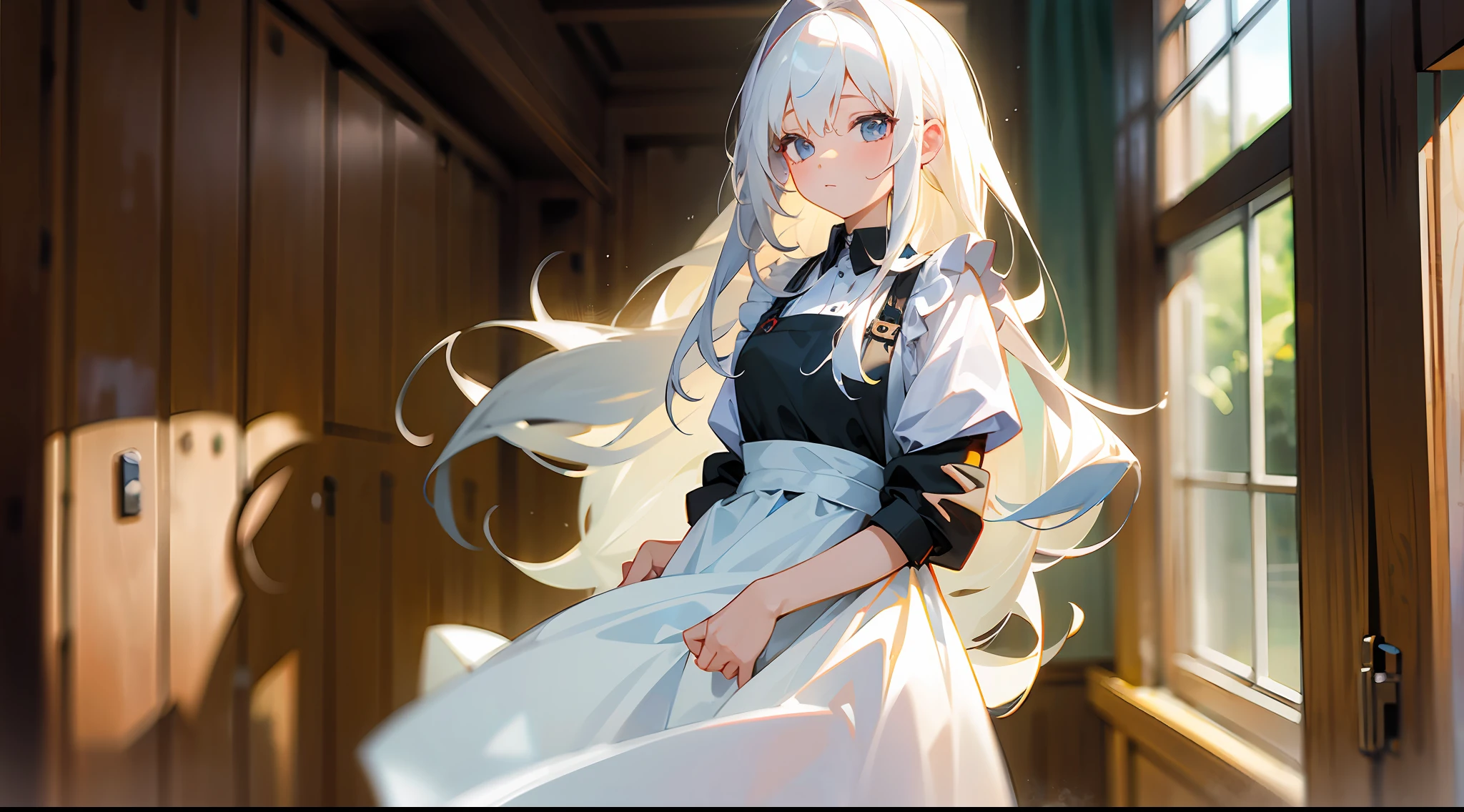 Masterpiece, best quality, girl, long white hair, wearing an apron, rushed out the door