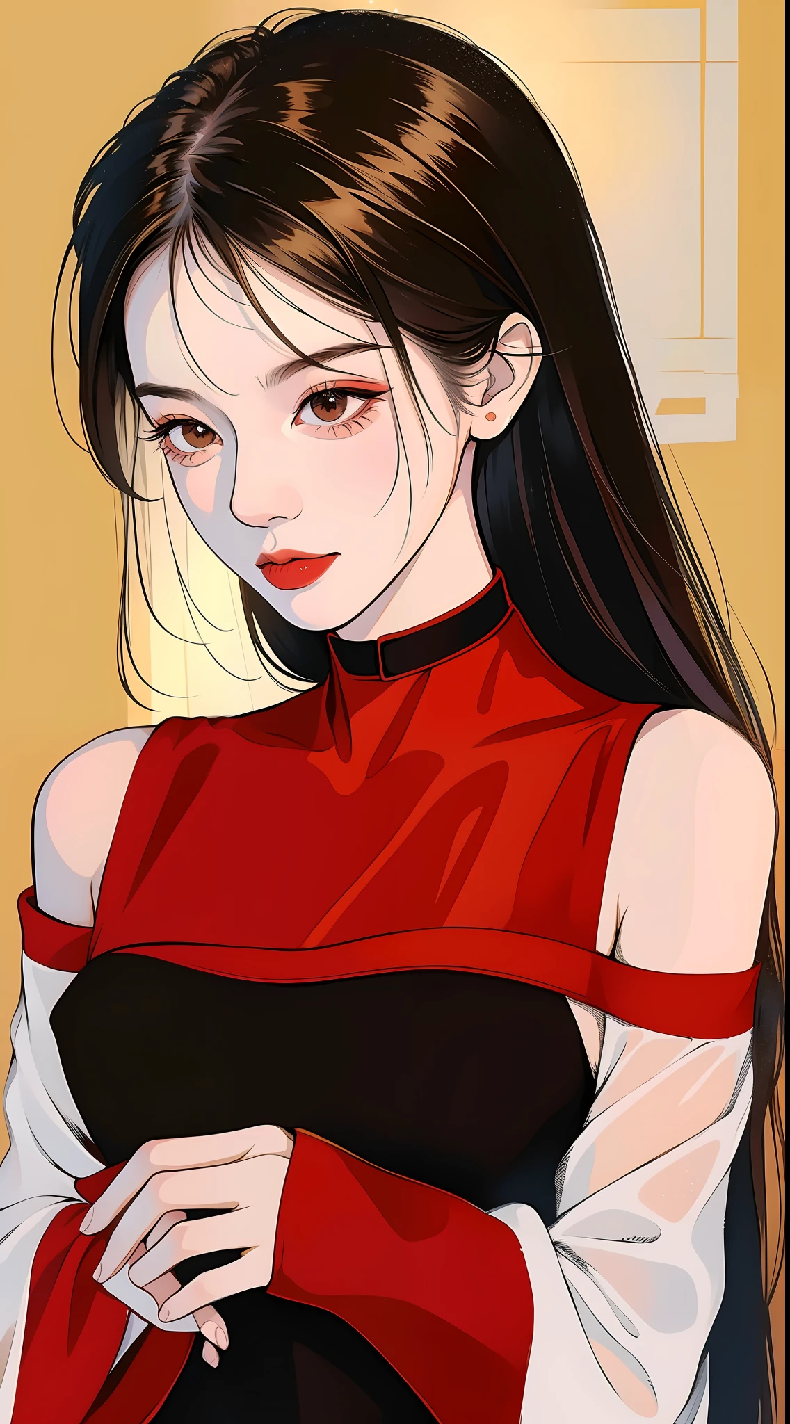 1女孩，bare_shoulders，black_choker，brown_eyes，brown_hair，项链，crop_top，耳环，珠宝，嘴唇，long_hair，long_sleeves，looking_at_viewer，off_shoulder，red_dress，red_shirt，独奏