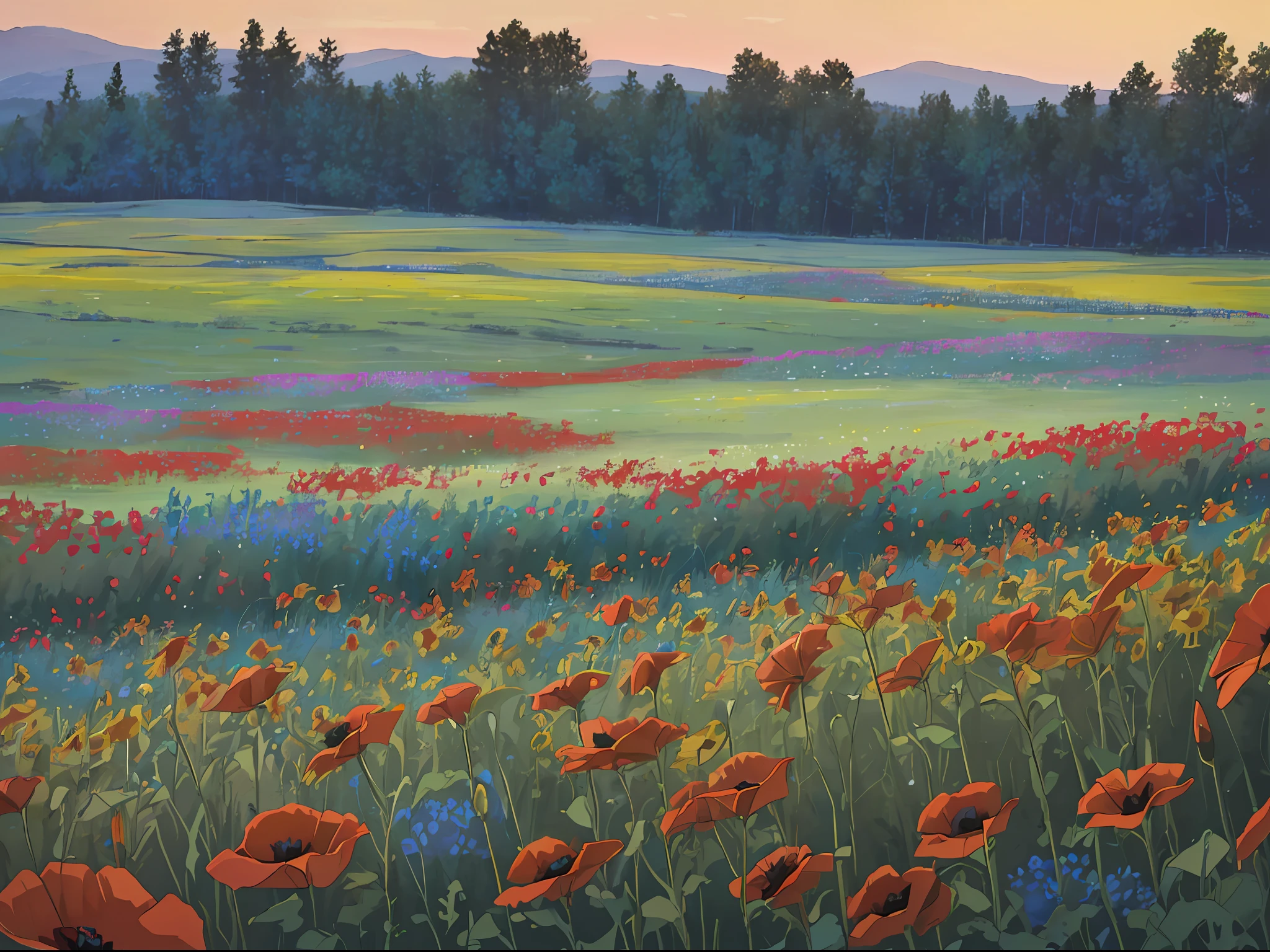 ((masterpiece)), (8k, high_resolution),(best quality), meadow, field, large field, meadow flowers and grasses, landscape, deserted, twilight, twilight, summer, Kyoani Haruh style, (meadow blue and red flowers, poppies, no trees, no forest, only meadow, only meadow with flowers), no sunflowers, no sunflowers