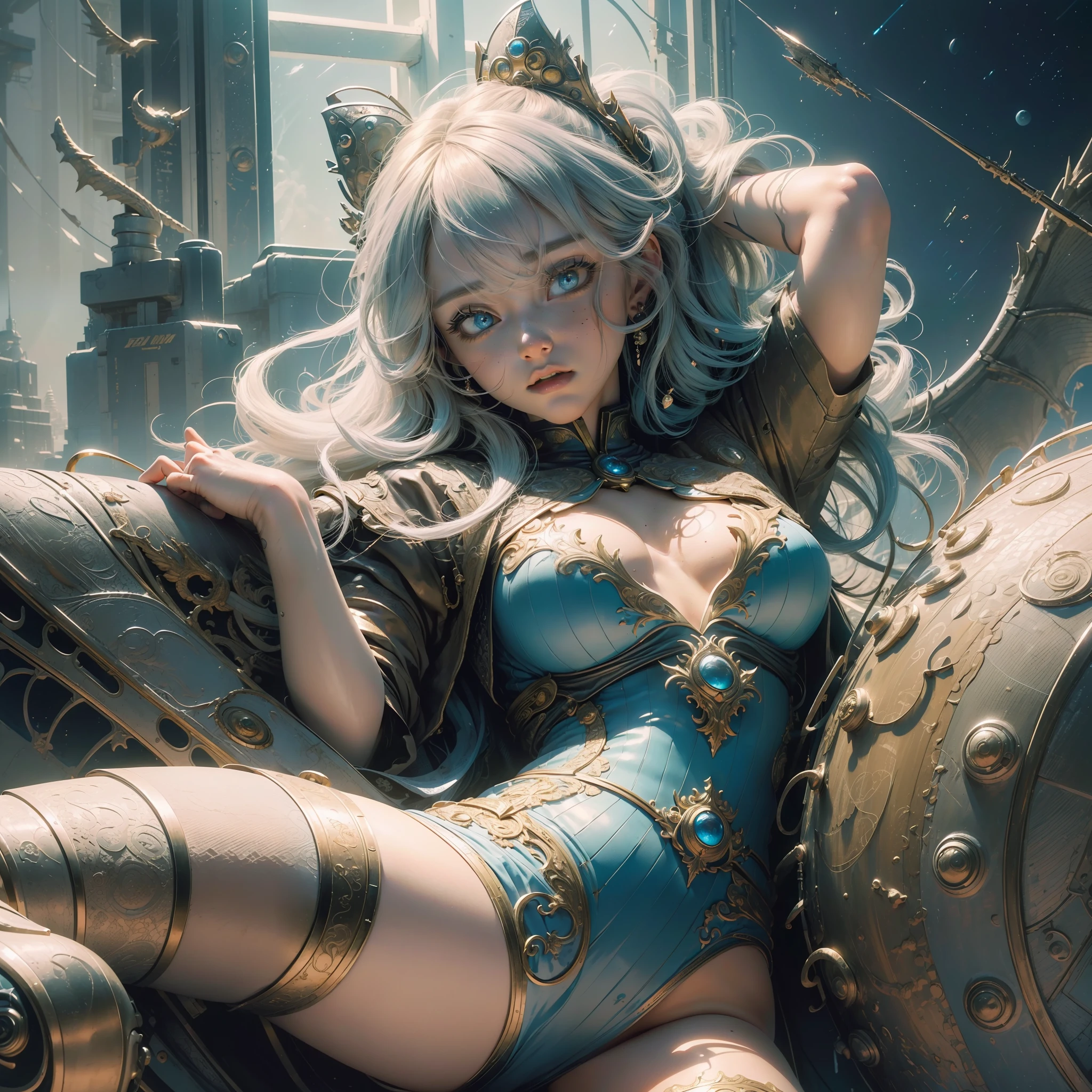 (((hyper detail))), (hyper detail)), (ultra-realistic), (high resolution), (8K), (very detailed), (best illustration), (beautiful detailed eyes), (best quality), (super detail), (masterpiece), (wallpaper), (detailed face), solo, one girl, white wavy hair, korean, iris heterochromatic eyes, small moles under the eyes, medium chest, long legs, Dragon Ball Bulma