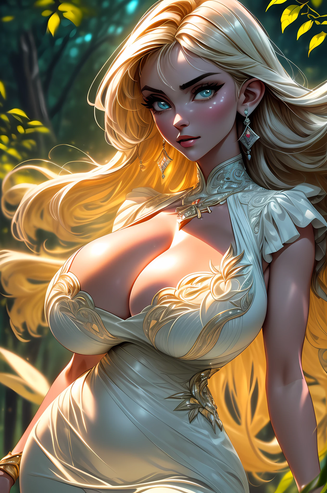 (Ultra Quality,Unparalleled Masterpiece:1.4)Overwhelmingly Pixel-Perfect,Ultra-Detailed CG 4K,(Ultra-Detailed Clear Absurdly-Vivid Jade Big Eyes:1.2),Gorgeous Round Detailed Face(Voluptuous:1.4)Elf(Gigantic Breasts:1.8)(Voluminous Long Blonde Hair: 1.4),(Bangs, Sidelocks:1.2)Seductive(intricately detailed white dress:1.3)(Zelda)(Celestine Lucullus: 1.2)(Solo:1.4)(1Girl: 0.5)(Facing Viewer:1.2)(arms behind back:1.2)(Cowboy Shot:1.2)(from above:1.1),Skindentation(Curvaceous:1.4)(Curvy:1.4)(Bimbo: 1.4)(Normal Waist: 1.2)(Thick Lips: 1.3)small-nose(light smile: 1.2)Rocks,Trees, Plants,Bush,art by wlop and ross tran,(Luminous Studio Graphics Engine) Color Graded,squishing,
