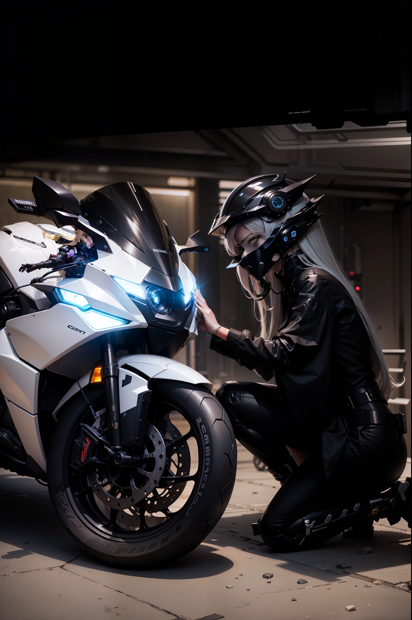 Sexy black mechanical dress with long blonde hair Cyber Sailor holding cyber mechanical motorcycle with both hands with long blonde flowing hair. High-tech white full surround helmet, long white hair, Nousr, biomechanics, MSHN robot man, high-tech helmet, surreal, steel, intricate design, crazy details, fine details, extremely clear lines, cinematic lighting, photo realistic, detailed masterpiece