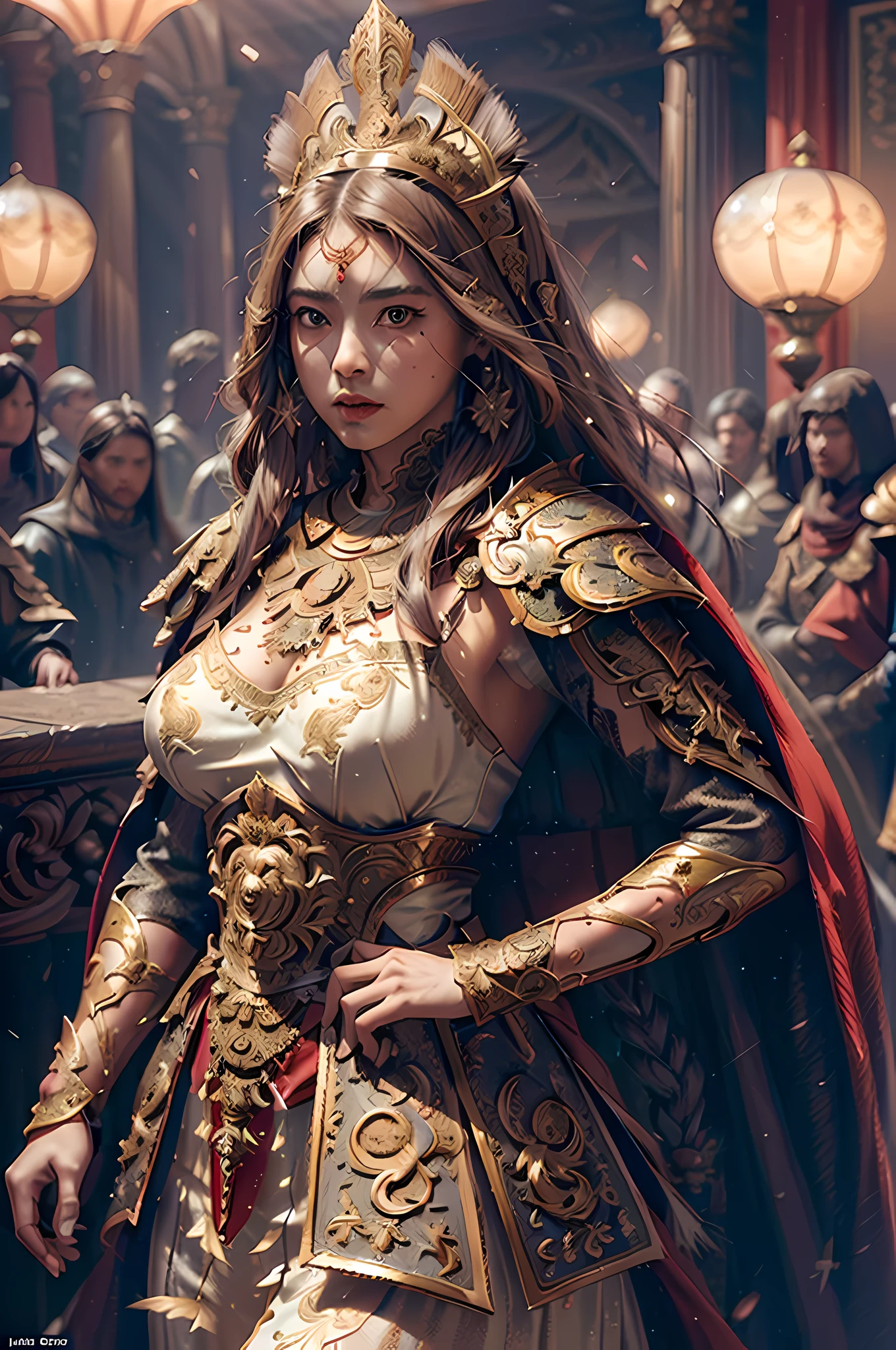 ((masterpiece))), (((best quality))), ((ultra-detailed)), (hyperrealistic), (highly detailed CG illustration), cinematic light, photorealistic ,extremely beautiful young lady, light makeup, big breast,  intricate detailed eaba, red cape, spear