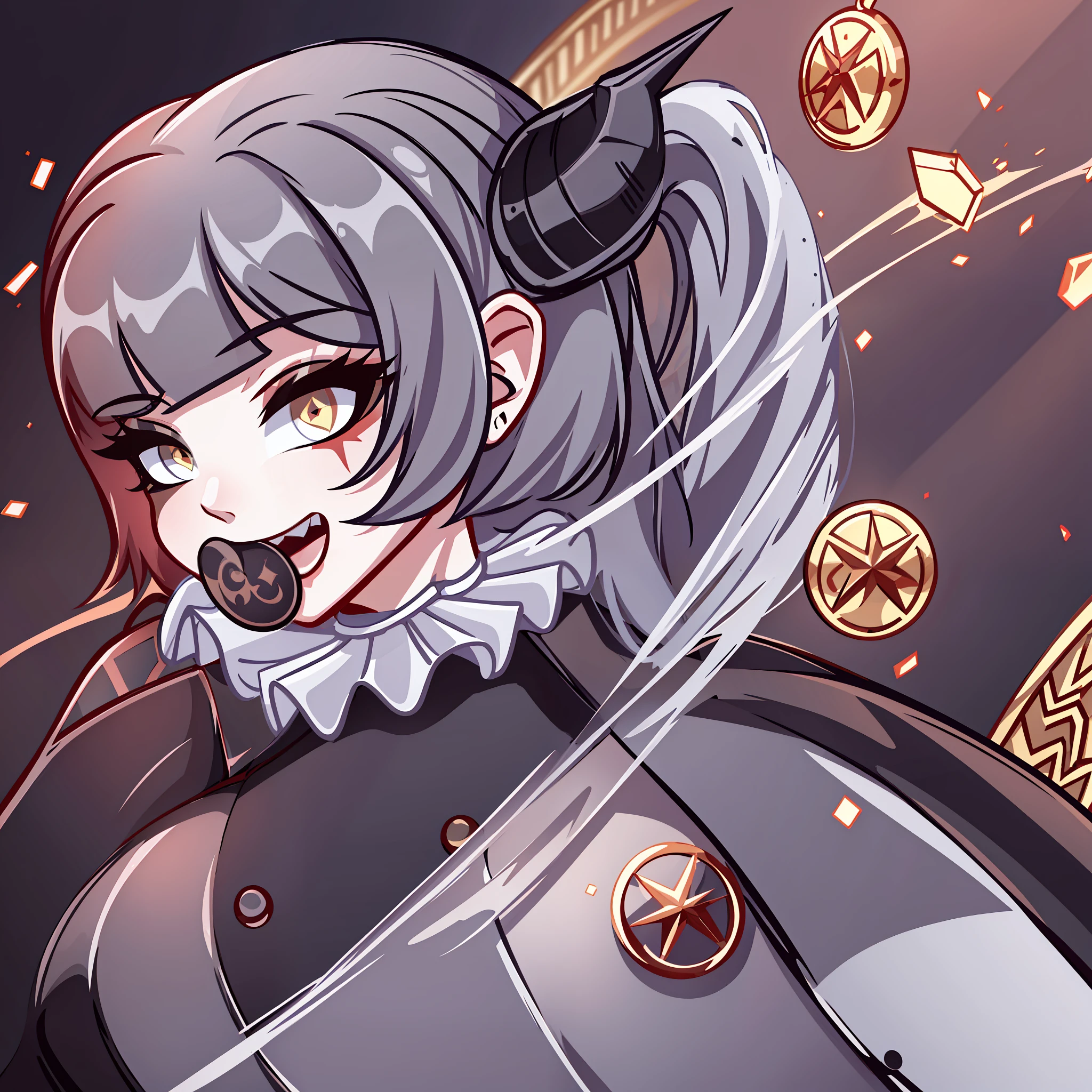 Best quality: 1.0), (Super High Resolution: 1.0), extremely detailed character, detailed hands, half-dragon girl, horns, scales on neck, scales on shoulders, scales on forearm, scales on cheek, extremely detailed black dragon tail, extremely detailed hair, short hair, white hair, black locks, extremely detailed eyes, yellow eyes, dragon eyes, 2d, tomboy girl, anime art, yin-yang symbol in the background of the image half blurred, ((prey))