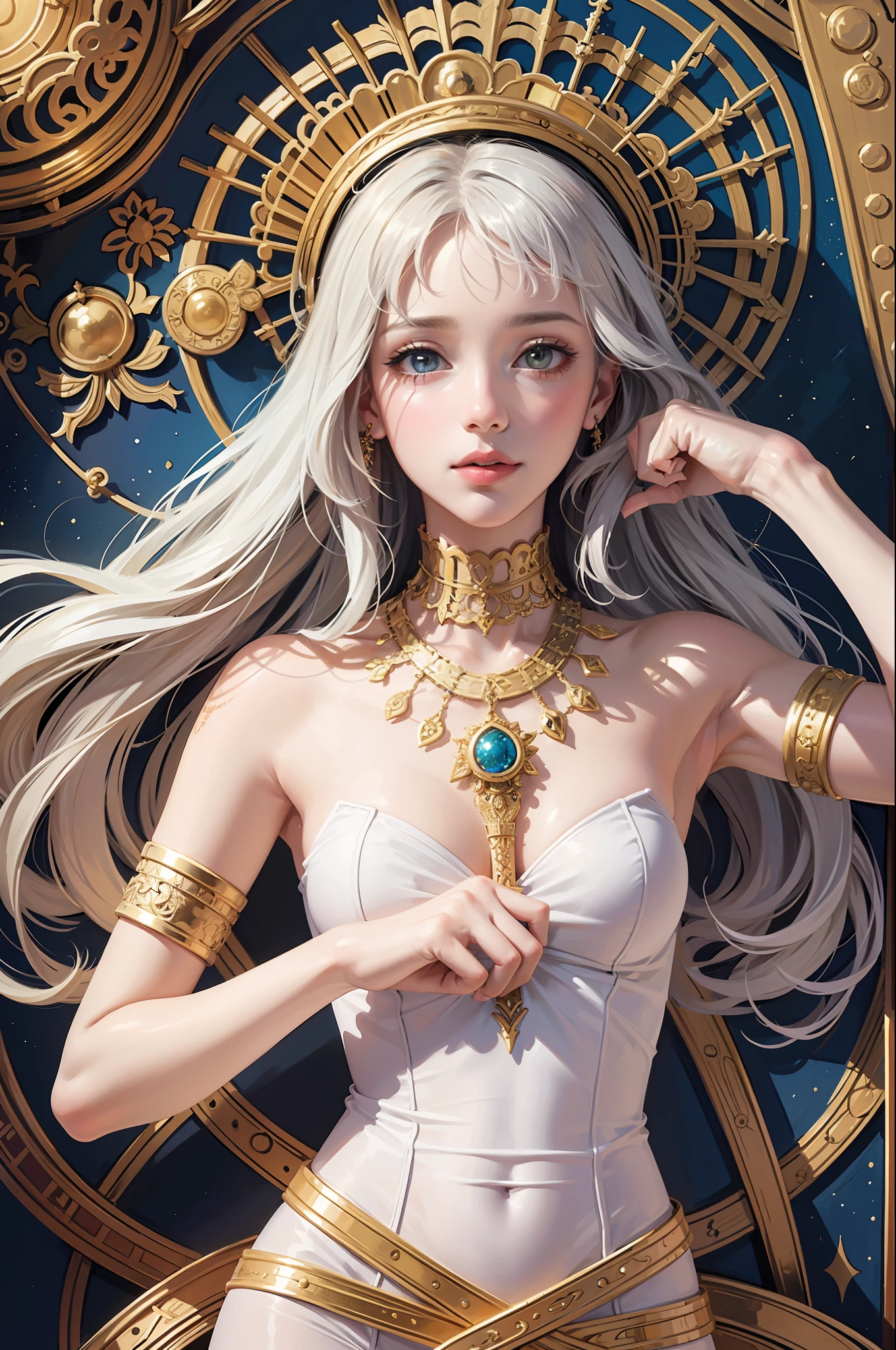 (masterpiece, top quality, best quality, official art, beautiful and aesthetic:1.2), (1girl), extreme detailed,colorful,highest detailed, official art, unity 8k wallpaper, ultra detailed, beautiful and aesthetic, beautiful, masterpiece, best quality, (zentangle, mandala, tangle, entangle) ,holy light,gold foil,gold leaf art,glitter drawing, PerfectNwsjMajic
