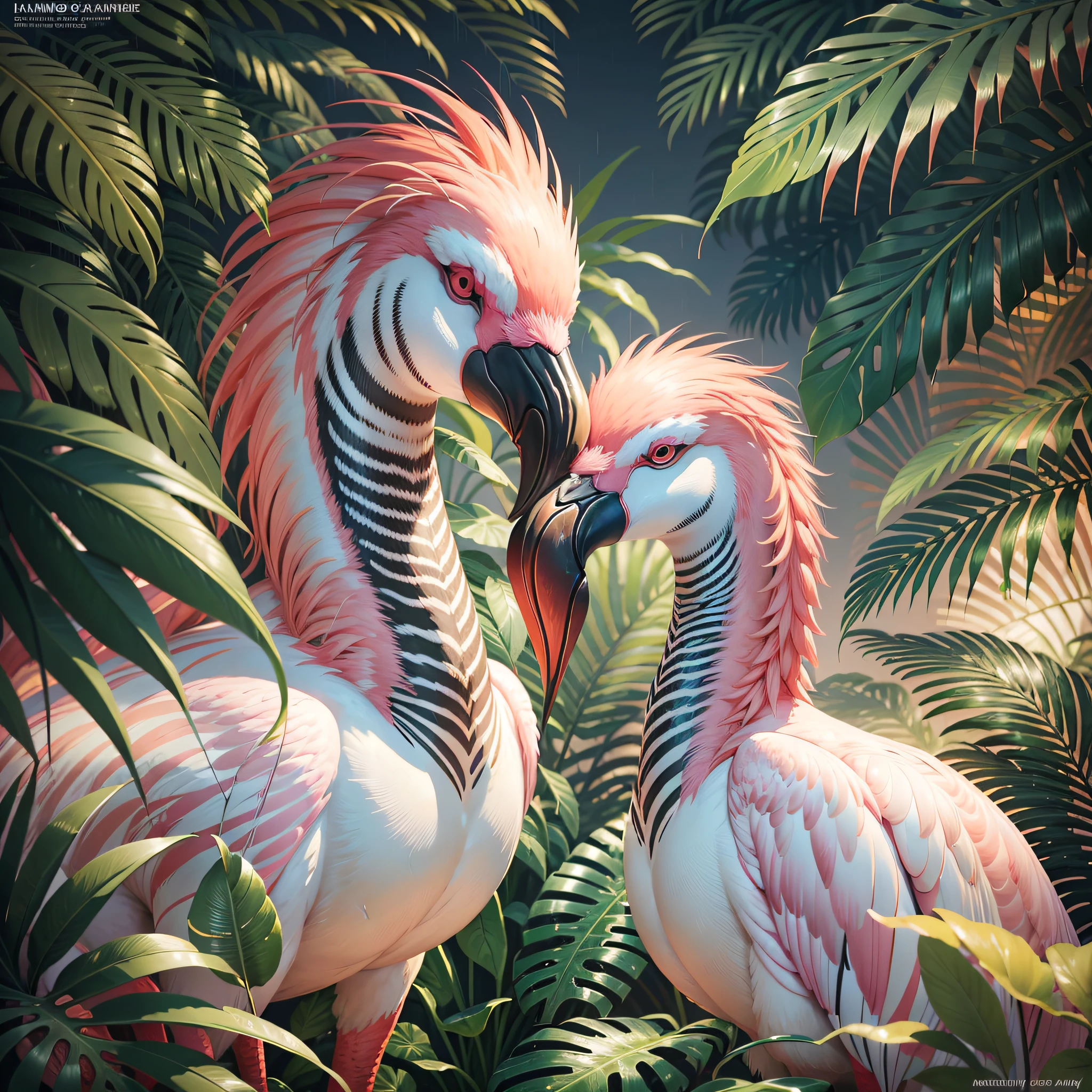 there are flamingos and zebras in the tropical jungle, sunset after rain, wet foliage, trend in artstation", highly detailed digital painting, birds f cgsociety, beautiful digital artworks, flamingos, flamingos, trend in artstation.', highly detailed digital painting, trend in cgsociety art, by Kerembeyit, highly detailed 4K painting, afternoon hangout, "ultra realistic