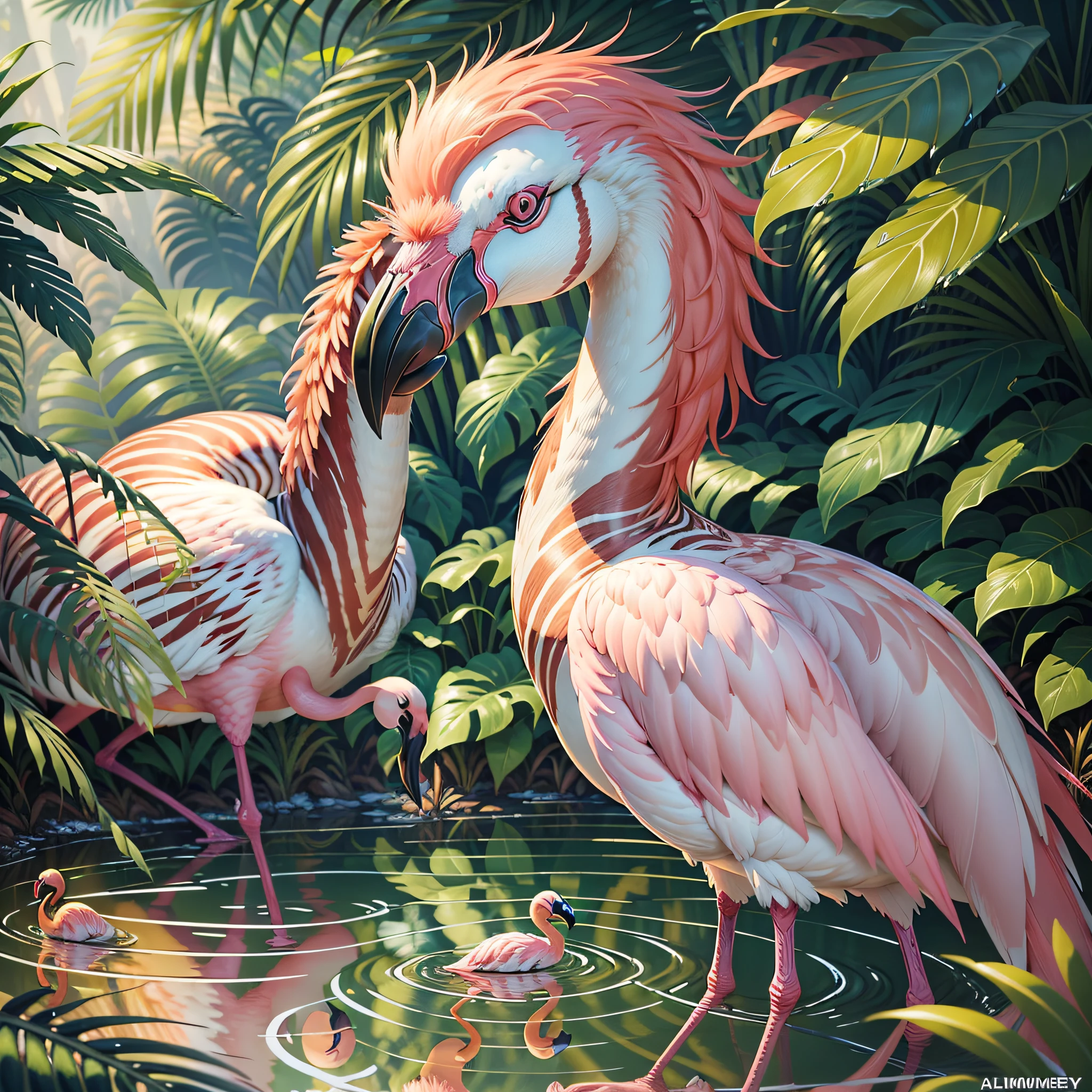 there are flamingos and zebras in the tropical jungle, sunset after rain, wet foliage, trend in artstation", highly detailed digital painting, birds f cgsociety, beautiful digital artworks, flamingos, flamingos, trend in artstation.', highly detailed digital painting, trend in cgsociety art, by Kerembeyit, highly detailed 4K painting, afternoon hangout, "ultra realistic
