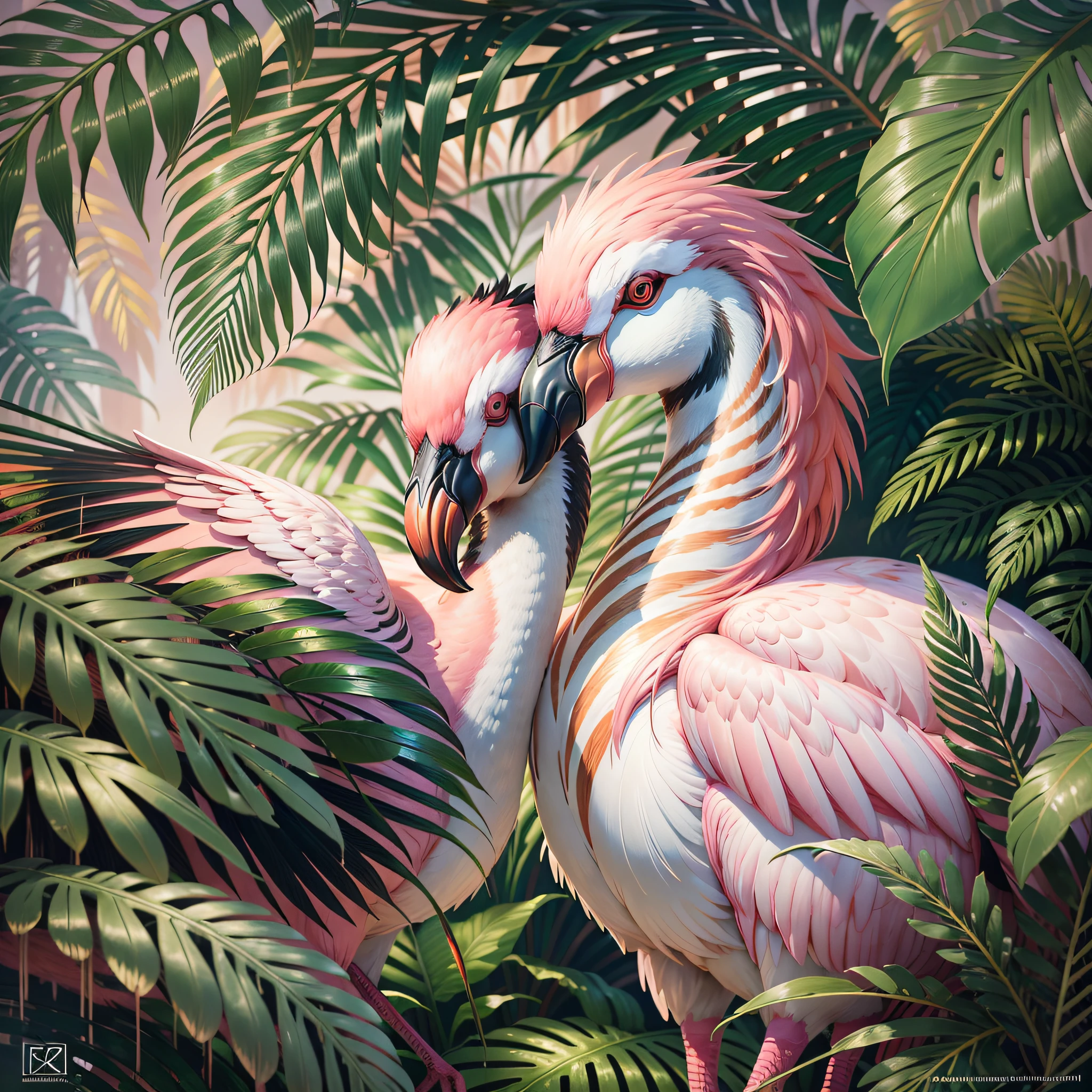 there are flamingos and zebras in the tropical jungle, sunset after rain, wet foliage, trend in artstation", highly detailed digital painting, birds f cgsociety, beautiful digital artworks, flamingos, flamingos, trend in artstation.', highly detailed digital painting, trend in cgsociety art, by Kerembeyit, highly detailed 4K painting, afternoon hangout, "ultra realistic