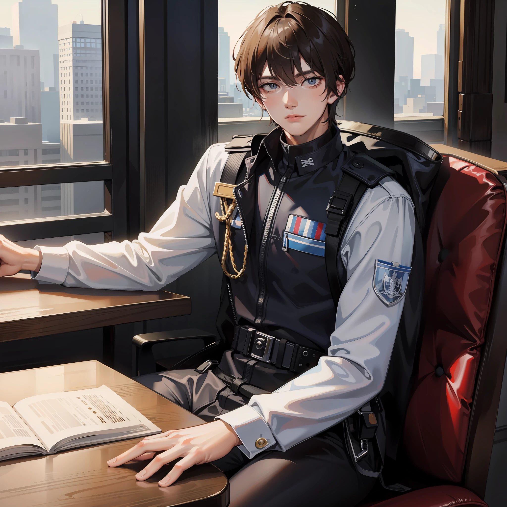 A male policeman sits at a table and looks at the viewers