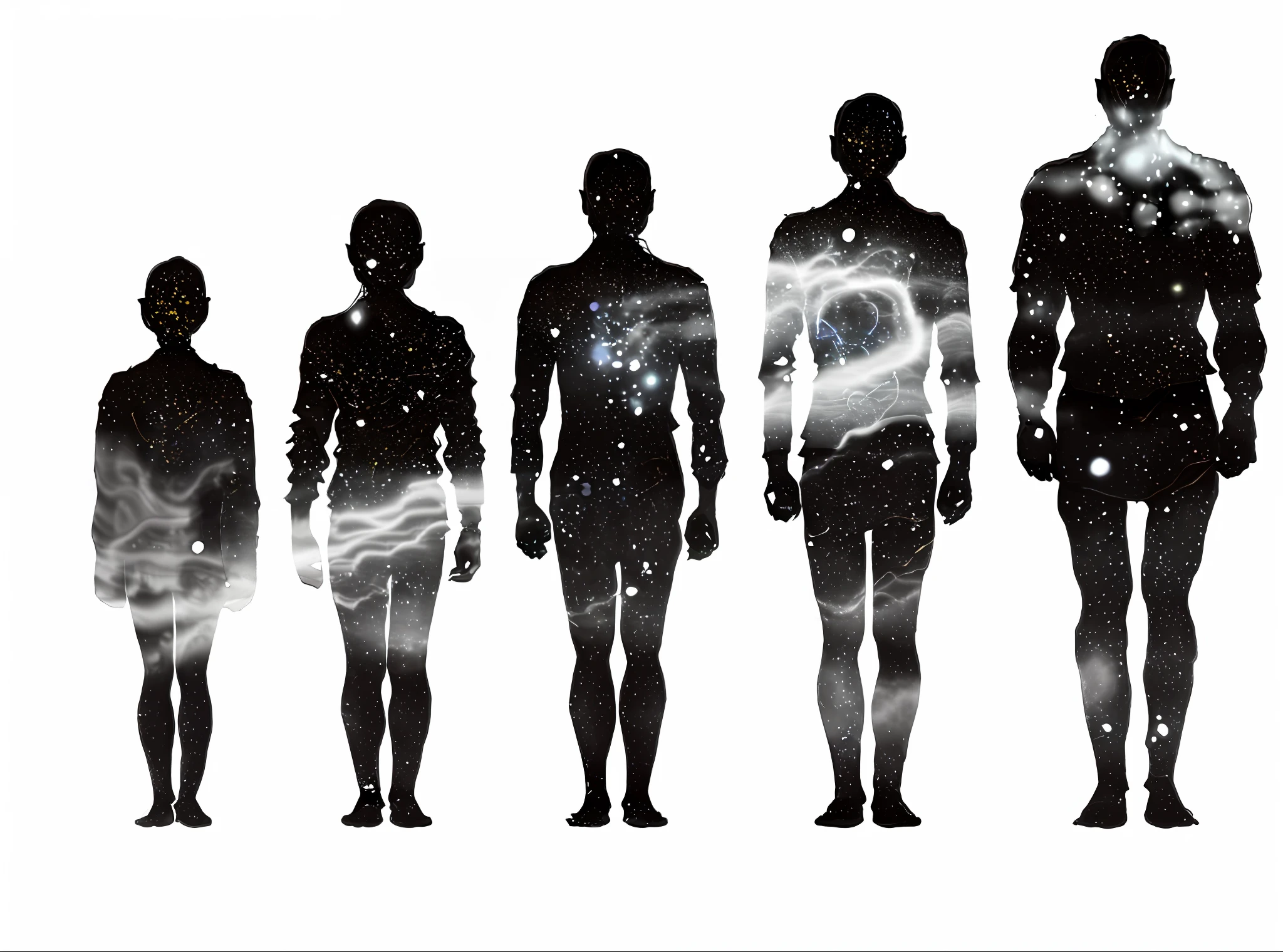 A man and a woman, cyclically, arafeld silhouettes, silhouettes of human evolution, beyond human evolution, cosmic structures that constitute spiritual evolution.