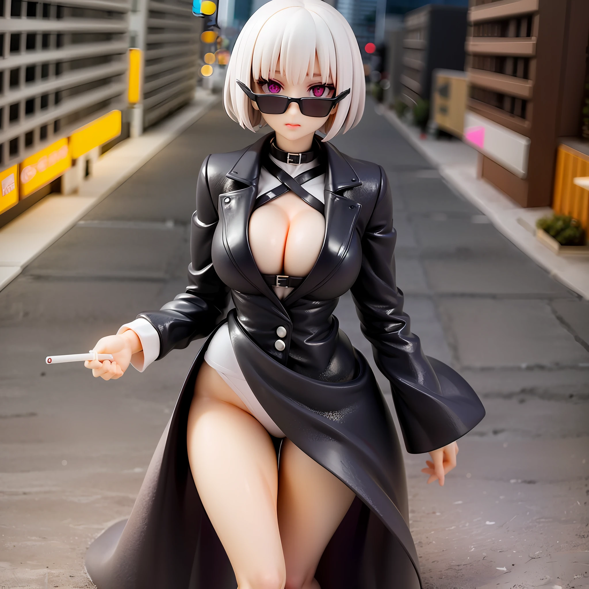 girl, white short hair, black outfit, wavy bob hair, black trench coat, black blouse, smoking cigarette, sharp eyes, large breasts, beautiful white eye, outside, full body, at night, from above, looking away