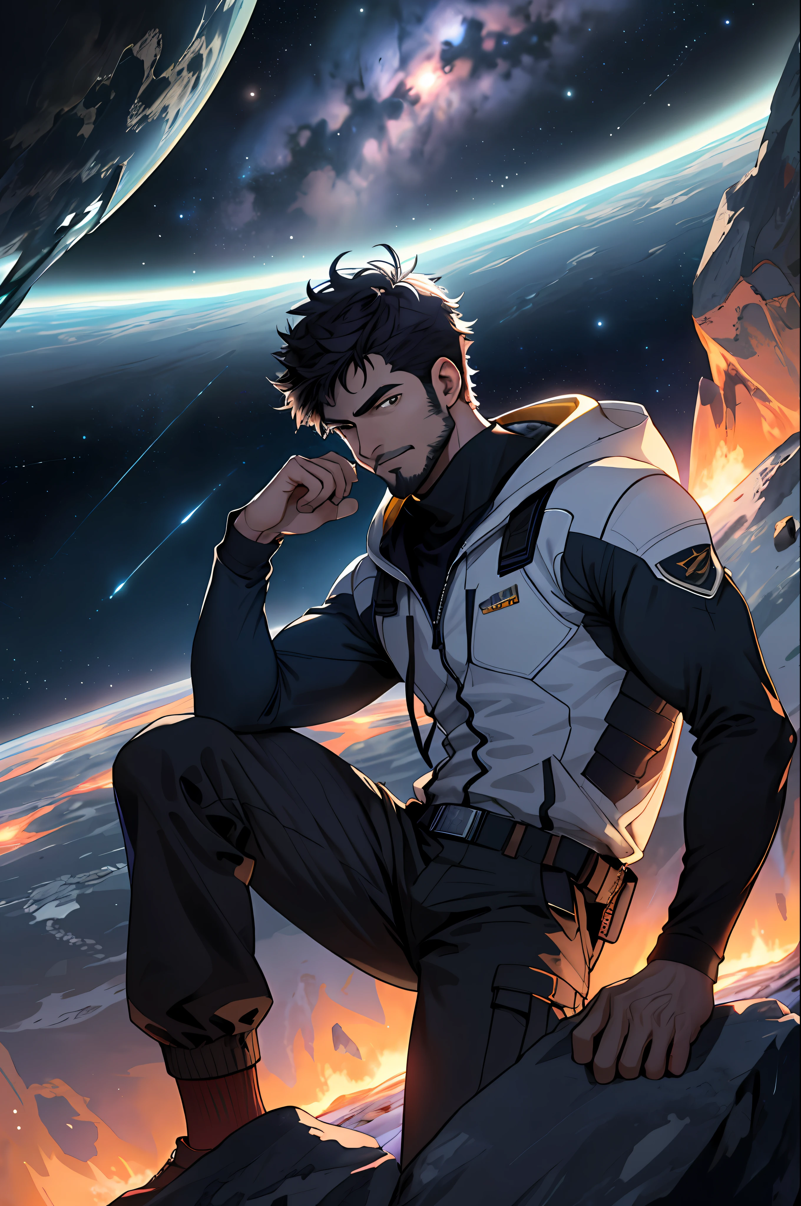 Draw a young programmer, sitting on a research platform floating in the middle of an asteroid belt. He is studying with a notebook, surrounded by several asteroids glowing with fiery auras. Dramatic lighting from distant stars and planets illuminates the scene, casting deep shadows on the suit. The young man looks confident and determined, looking at the vast and mysterious universe with wonder and respect,facial hair, cowboy shot,