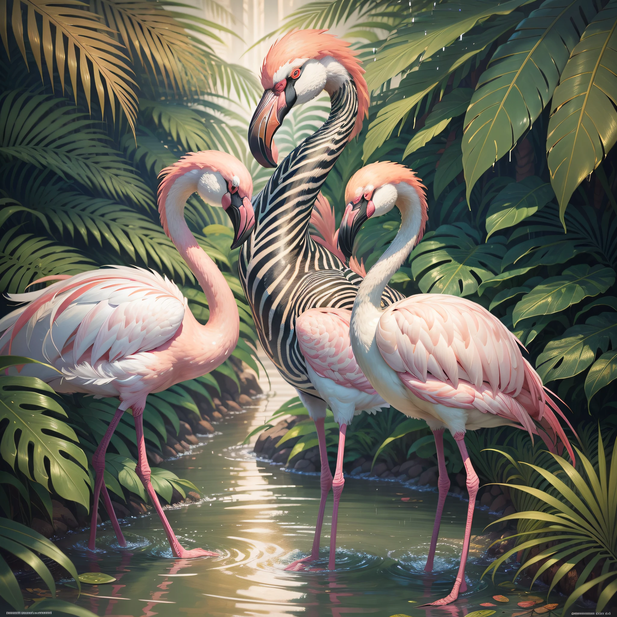 there are flamingos and zebras in the tropical jungle, sunset after rain, wet foliage, trend in artstation", highly detailed digital painting, birds f cgsociety, beautiful digital artworks, flamingos, flamingos, trend in artstation.', highly detailed digital painting, trend in cgsociety art, by Kerembeyit, highly detailed 4K painting, afternoon hangout, "ultra realistic