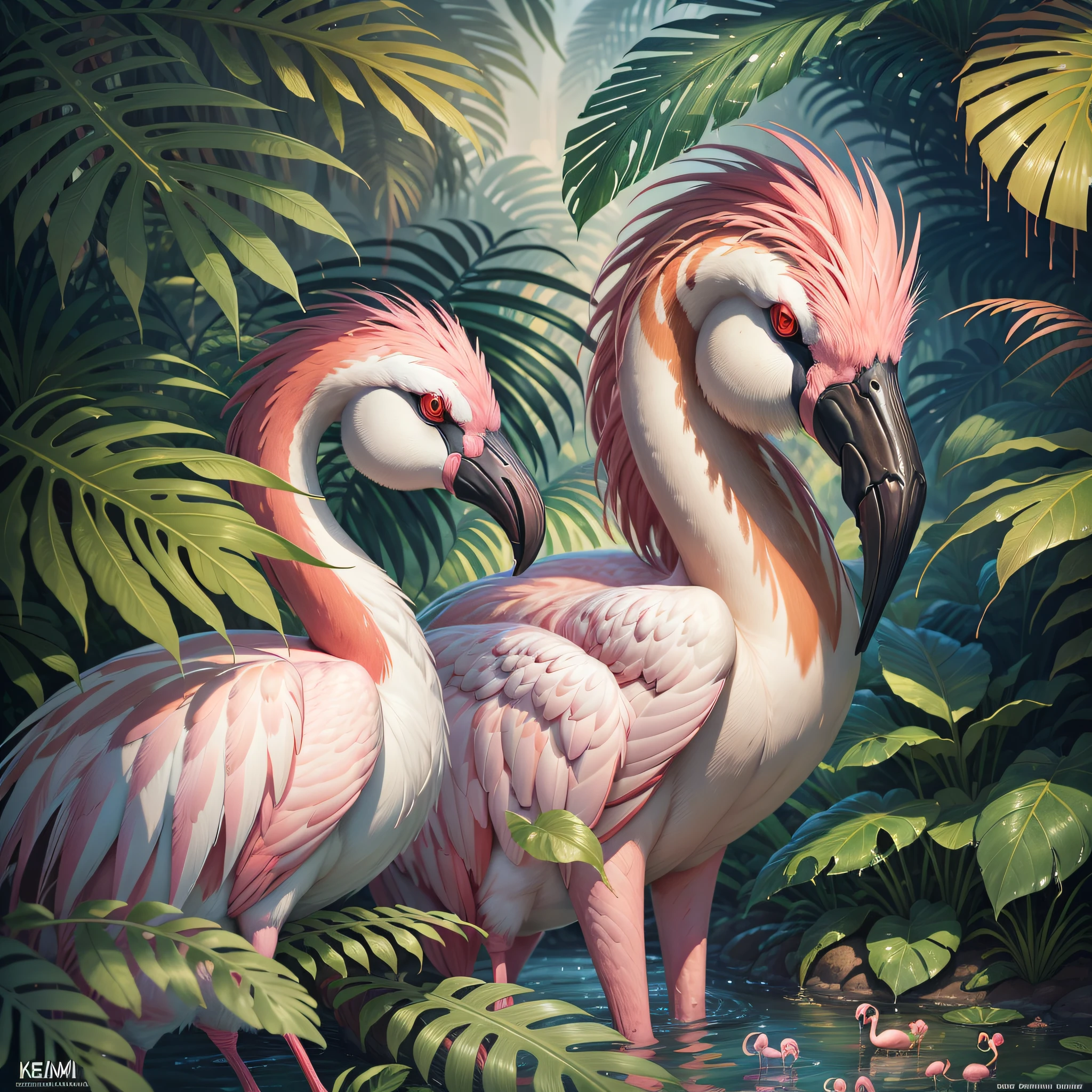 there are flamingos and zebras in the tropical jungle, sunset after rain, wet foliage, trend in artstation", highly detailed digital painting, birds f cgsociety, beautiful digital artworks, flamingos, flamingos, trend in artstation.', highly detailed digital painting, trend in cgsociety art, by Kerembeyit, highly detailed 4K painting, afternoon hangout, "ultra realistic