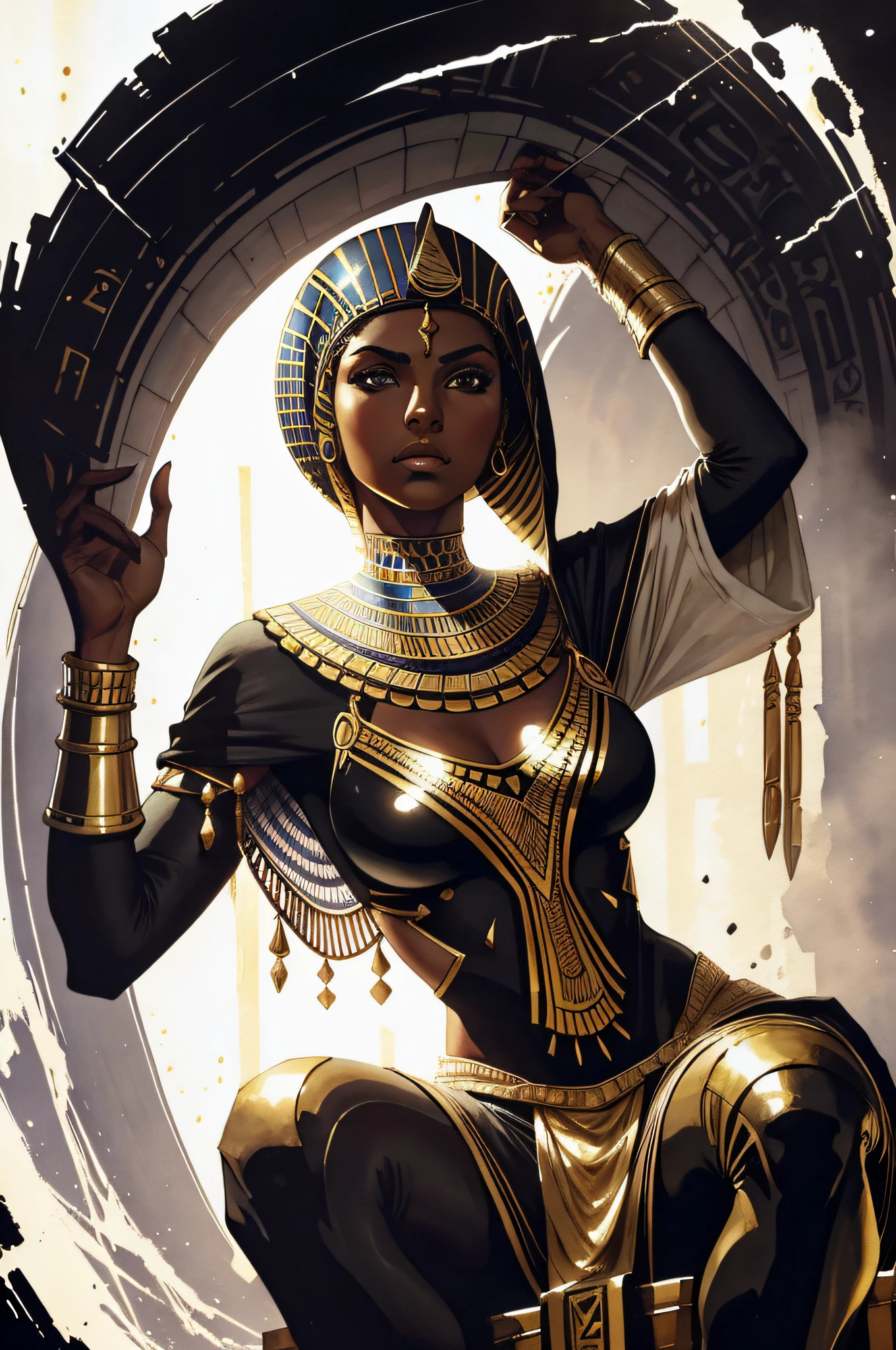 1 Egyptian woman, (attractive), black skin, very short hair, dark skin, closed mouth, looking at the viewer, Egyptian clothes, sitting on the throne, from below, cross-legged, gem,
fantasy, high contrast, ink strokes, explosions, overexposure,
printing, abstract, (watercolor by John Berkey and Jeremy Mann)), brushstrokes, negative space, good anatomy, good proportions, good architecture, realistic:1.25,
centered, high detail, high resolution, 8k, beautiful, beautiful, perfect body, Style-Hamunaptra: 0.4,
