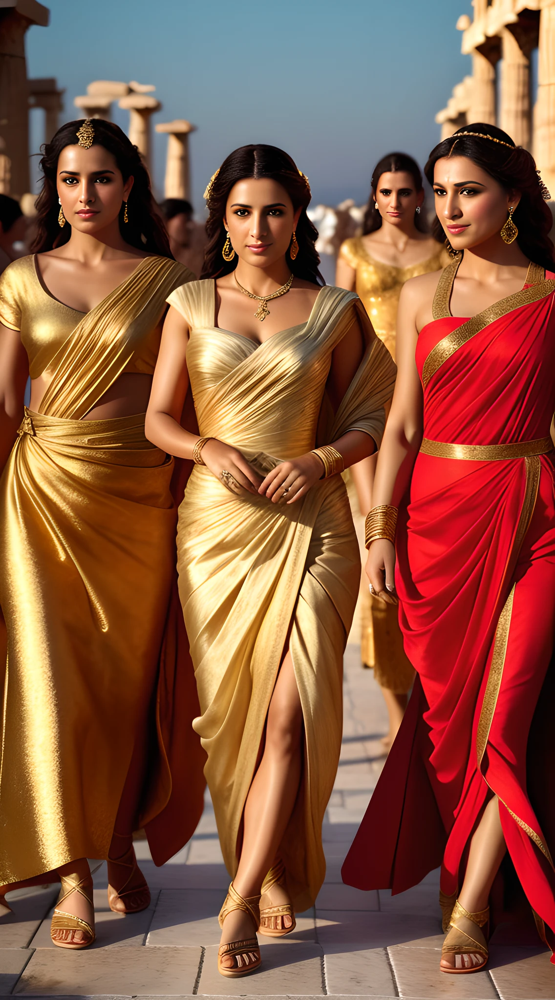 (masterpiece, high resolution, realistic photography:1.3, by Greg Rutkowski), breathtaking ancient Greek female celebrities, (elegantly dressed in short ancient Greek dresses and sandals:1.2), walking the illustrious red carpet, throngs of adoring fans and spectators in the background, late sunset casting a warm glow, vibrant party-like atmosphere, reminiscent of the ancient Greek era, capturing the essence of their timeless beauty.