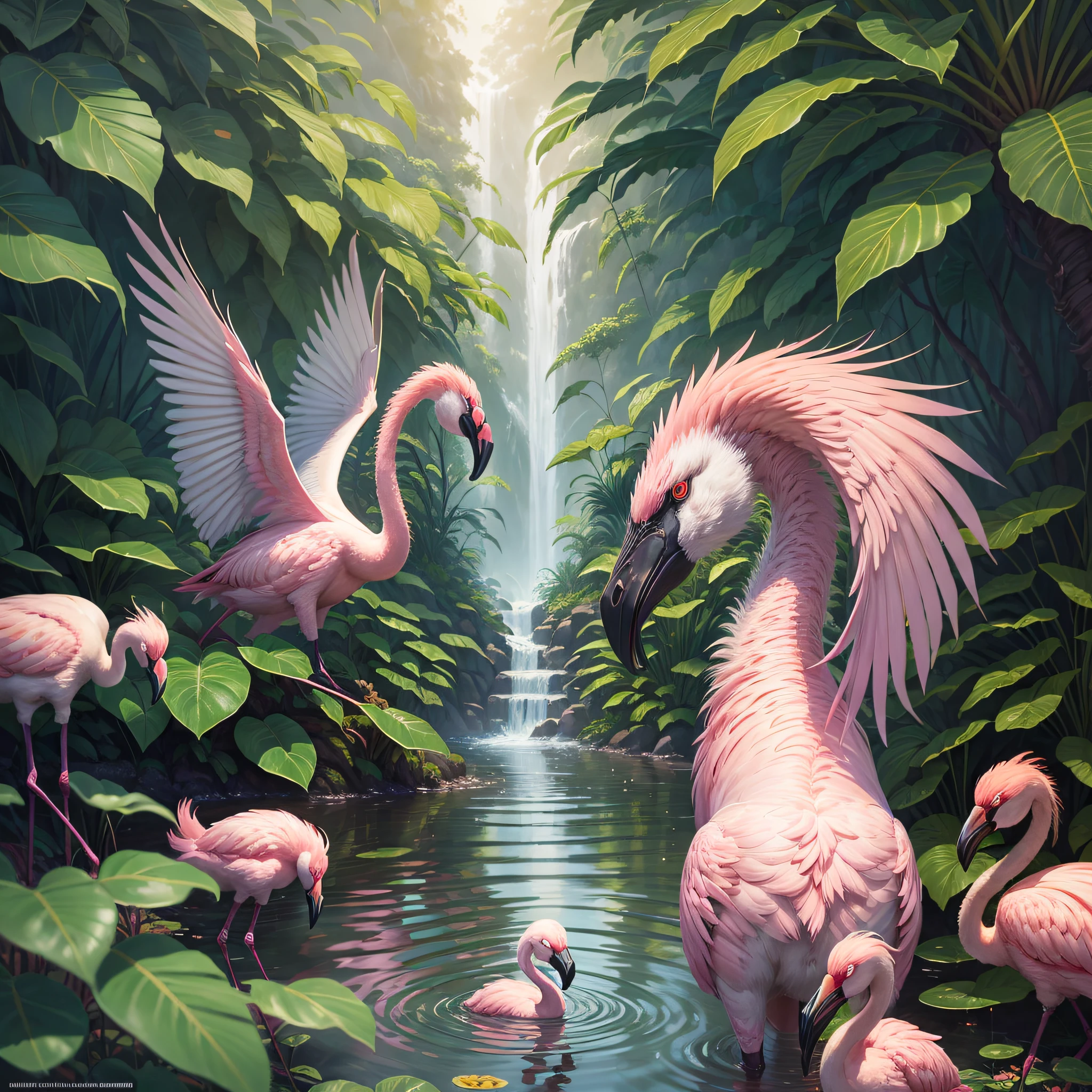 film production, cinematic, professional photography, digital illustration, detailed and intricate, heavy rains, dense jungle and full of winged zebras and flamingos in a tropical setting and flowers, flamingos, zebras, sunlight filtering through the canopy creating a magical effect, In the style of Yoshitaka, hildebrandt, by Brian Thomas, flamingo, tropical birds, by David B. Mattingly, portrait of a pink gang,  kiss, amazing art, jim warren, john banovich, highly detailed oil painting, family portrait, by Joop Sanders, camaraderie, artstation, trend in artstation, intricate realistic, great shooting, cinematic composition, 8k wallpaper, hdr, chromatic aberration, CGsociety trend, volumetric lighting
