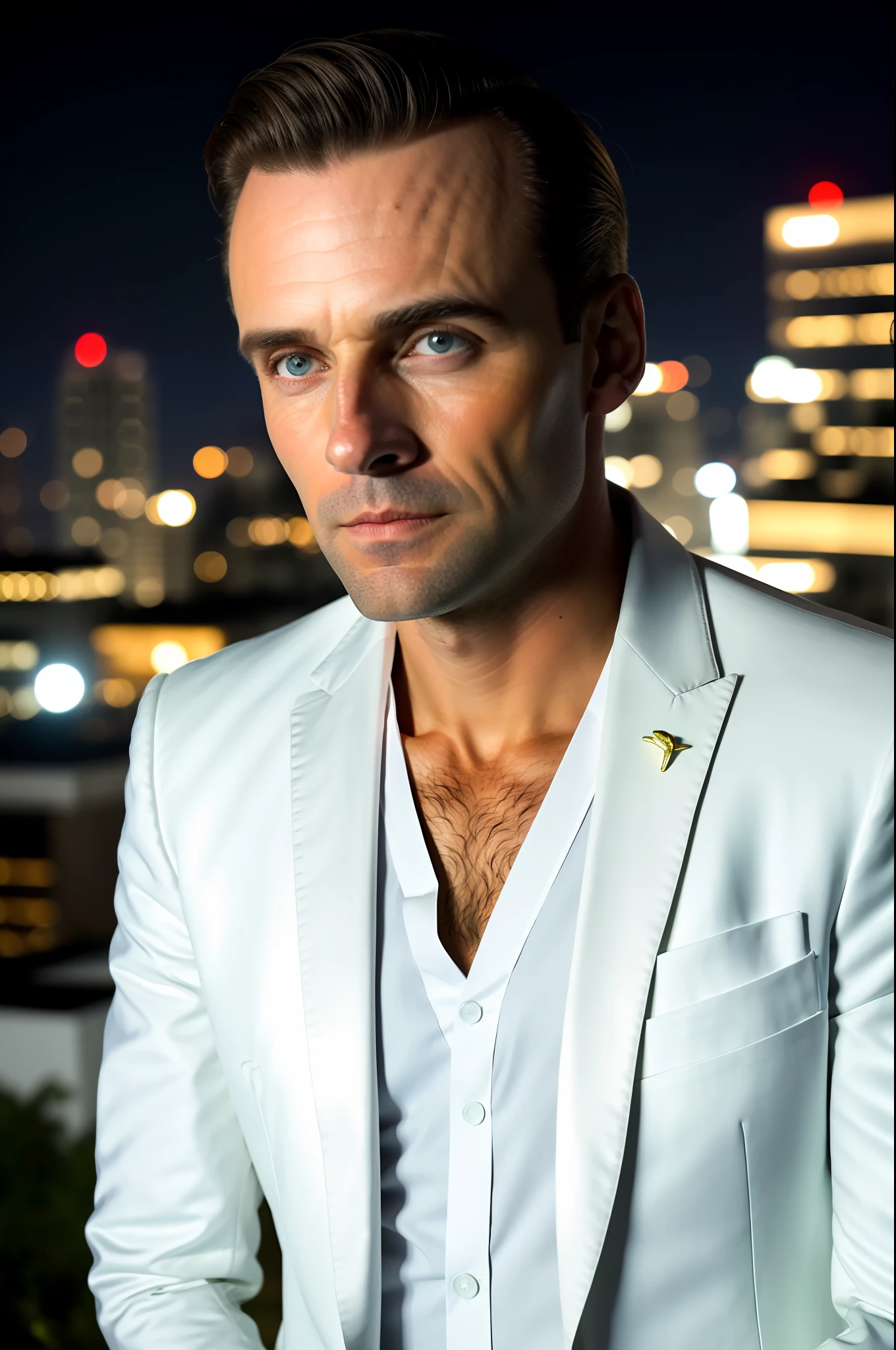 midnight raw photo of a man in a white suit, on a rooftop mansion party at night, 8k uhd, perfect face, clear eyes, clean shaven,