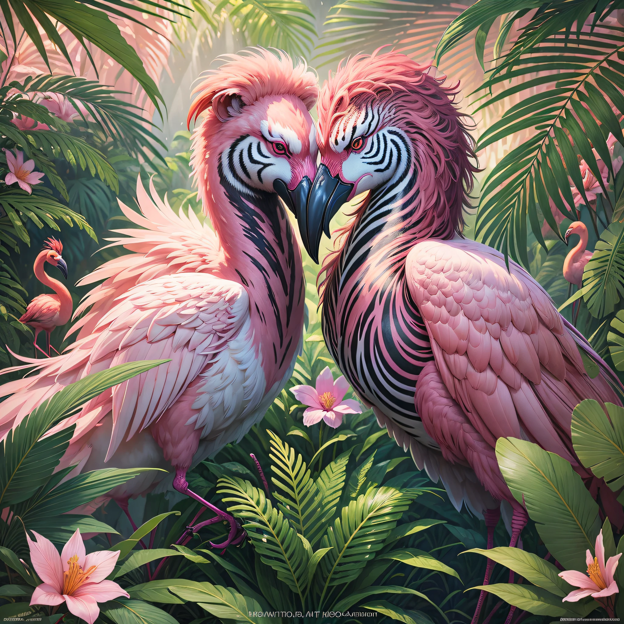 movie poster, professional photography, digital illustration, detailed and intricate, heavy rains, dense jungle and full of winged zebras and flamingos in a tropical setting and flowers, flamingos, zebras, sunlight filtering through the canopy creating a magical effect, In the style of Yoshitaka, hildebrandt, by Brian Thomas, flamingo, tropical birds, by David B. Mattingly,  portrait of a pink gang, kiss, amazing art, jim warren, john banovich, highly detailed oil painting, family portrait, by Joop Sanders, camaraderie, artstation, trend in artstation, intricate realistic, great shooting, film composition, 8k wallpaper, hdr, chromatic aberration, trend in CGsociety, volumetric lighting