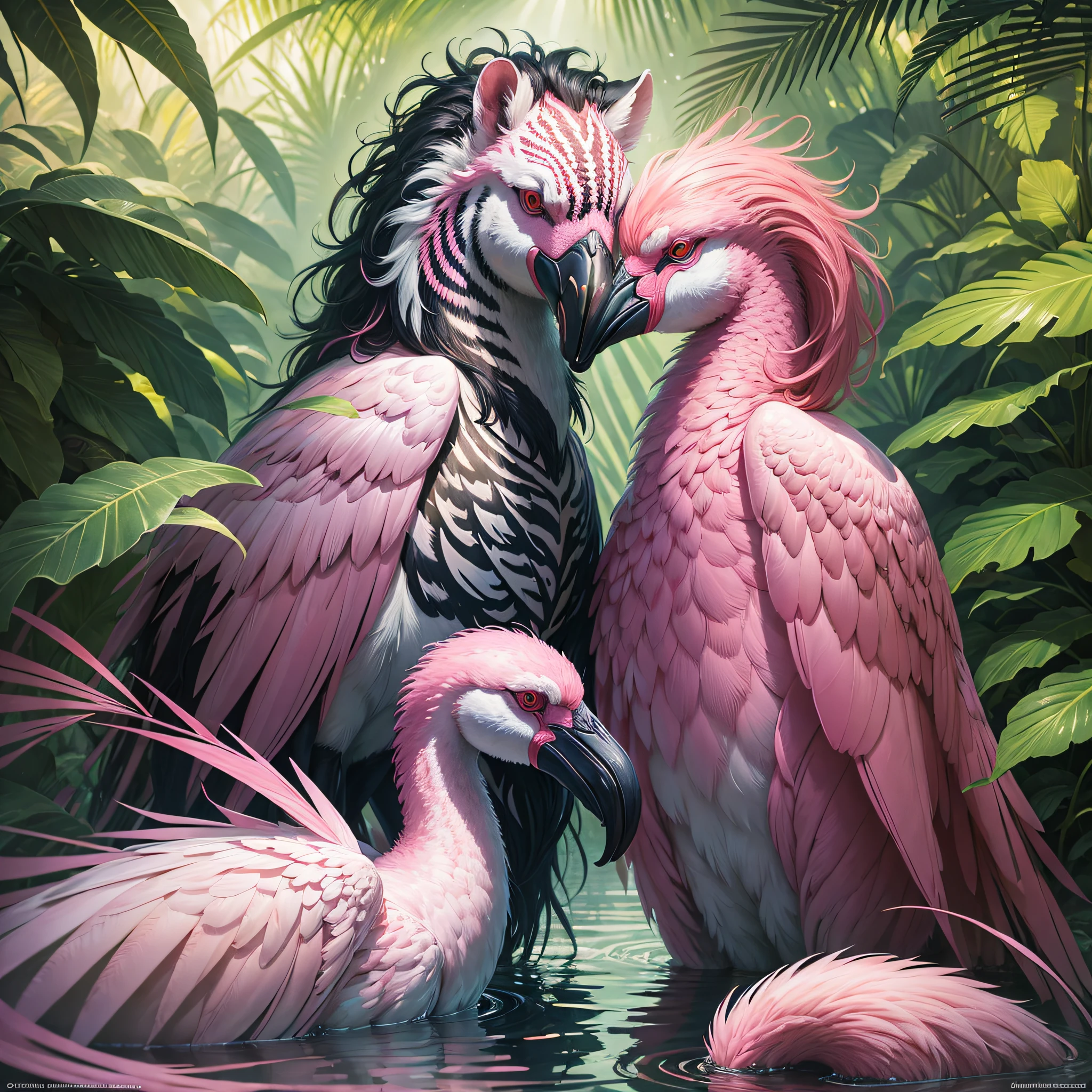 movie poster, professional photography, digital illustration, detailed and intricate, heavy rains, dense jungle and full of winged zebras and flamingos in a tropical setting and flowers, flamingos, zebras, sunlight filtering through the canopy creating a magical effect, In the style of Yoshitaka, hildebrandt, by Brian Thomas, flamingo, tropical birds, by David B. Mattingly,  portrait of a pink gang, kiss, amazing art, jim warren, john banovich, highly detailed oil painting, family portrait, by Joop Sanders, camaraderie, artstation, trend in artstation, intricate realistic, great shooting, film composition, 8k wallpaper, hdr, chromatic aberration, trend in CGsociety, volumetric lighting