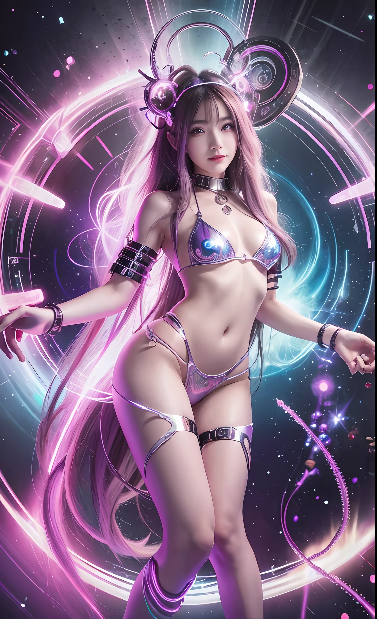 Masterpiece, Best Quality, Girls, Slender, Long Hair Spreading, White Skin, Medium, Pretty, Sexy, Halo, Near Future, Bikini, High Leg, Skin Exposed, Psychedelic, Trip, Extreme Color, Paisley, Extreme Color, Cyberspace, Cyberpunk, Disco, Mirror Ball, Heavenly World, Lotus Flower, Buddhism, Mandala Theme, Open Legs, Over Action, Eye Shadow, false lashes, blusher, cyborg, headgear, smile, full body