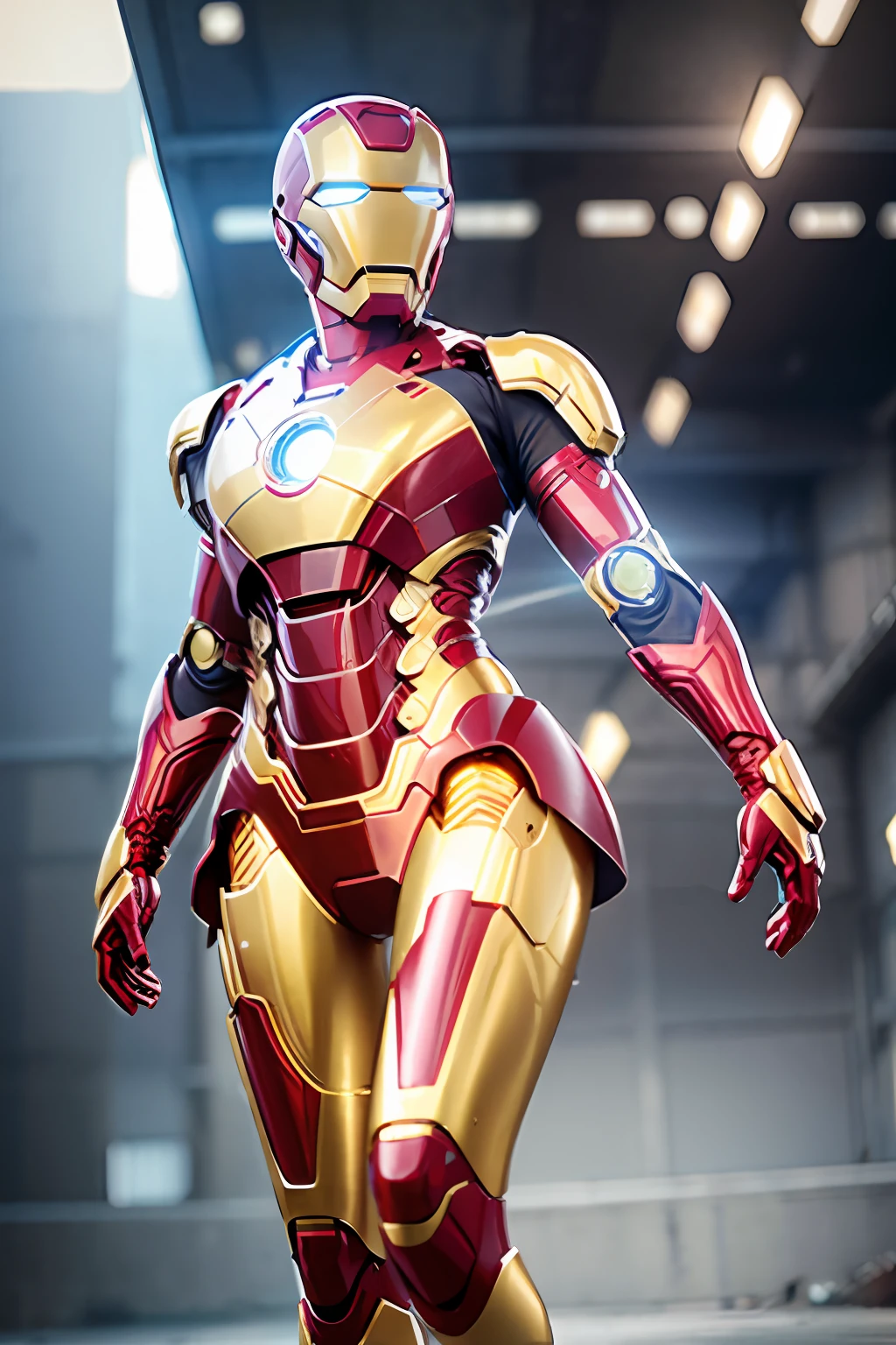 RAW, Masterpiece, Ultra Fine Photo,, Best Quality, Ultra High Resolution, Photorealistic, Sunlight, Full Body Portrait, Stunningly Beautiful,, Dynamic Poses, Delicate Face, Vibrant Eyes, (Side View) , she is wearing a futuristic Iron Man mech, red and gold color scheme, highly detailed abandoned warehouse background, detailed face, detailed and complex busy background, messy, gorgeous, milky white, high detailed skin, realistic skin details, visible pores , sharp focus, volumetric fog, 8k uhd, dslr camera, high quality, film grain, fair skin, photorealism, lomography, sprawling metropolis in futuristic dystopia, view from below, translucent