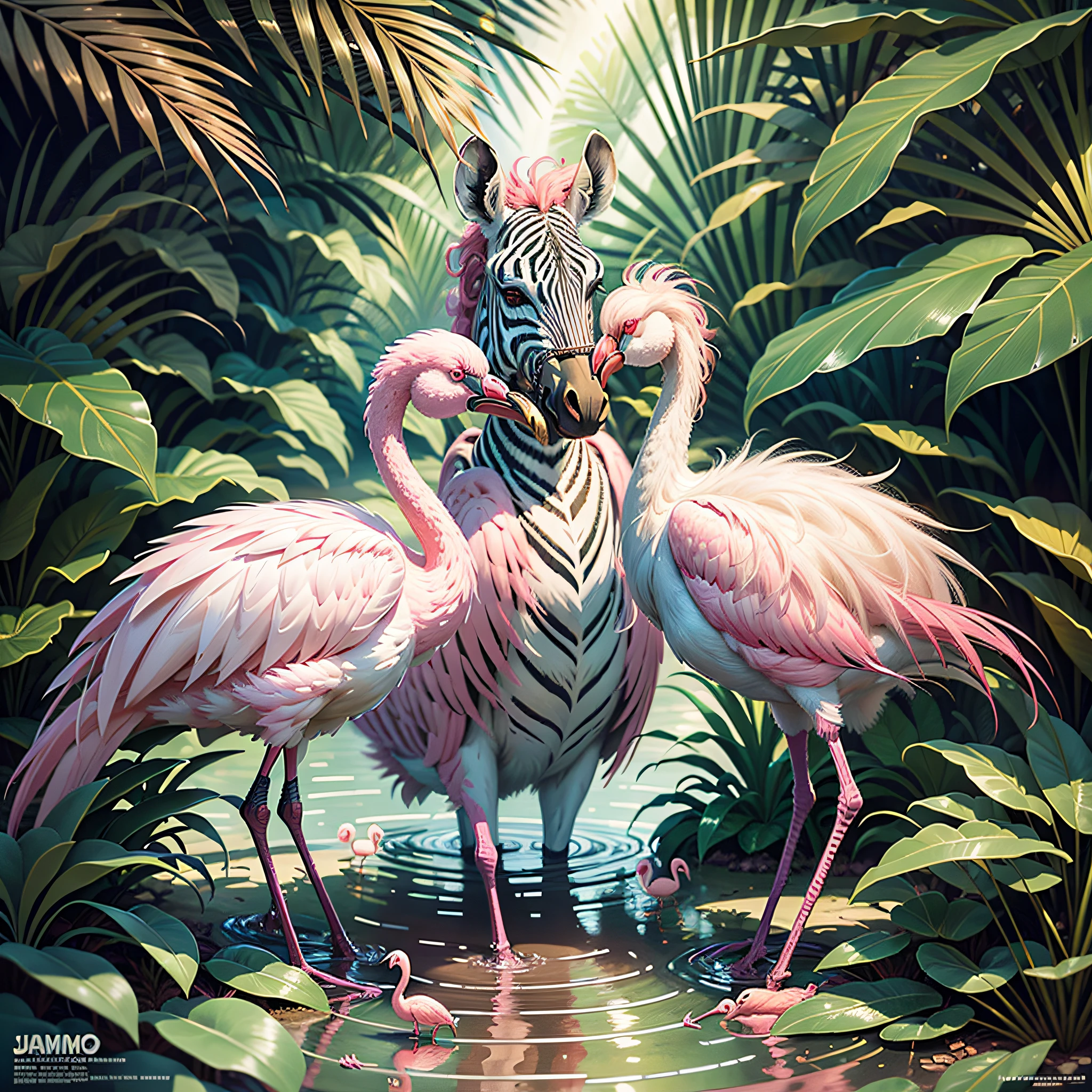 movie poster, professional photography, digital illustration, detailed and intricate, heavy rains, dense jungle and full of winged zebras and flamingos in a tropical setting and flowers, flamingos, zebras, sunlight filtering through the canopy creating a magical effect, In the style of Yoshitaka, hildebrandt, by Brian Thomas, flamingo, tropical birds, by David B. Mattingly, portrait of a pink gang, kiss, amazing art, jim warren, john banovich, highly detailed oil painting, family portrait, by Joop Sanders, camaraderie, artstation, trend in artstation, intricate realistic, great shooting, film composition, 8k wallpaper, hdr, chromatic aberration, trend in CGsociety, volumetric lighting