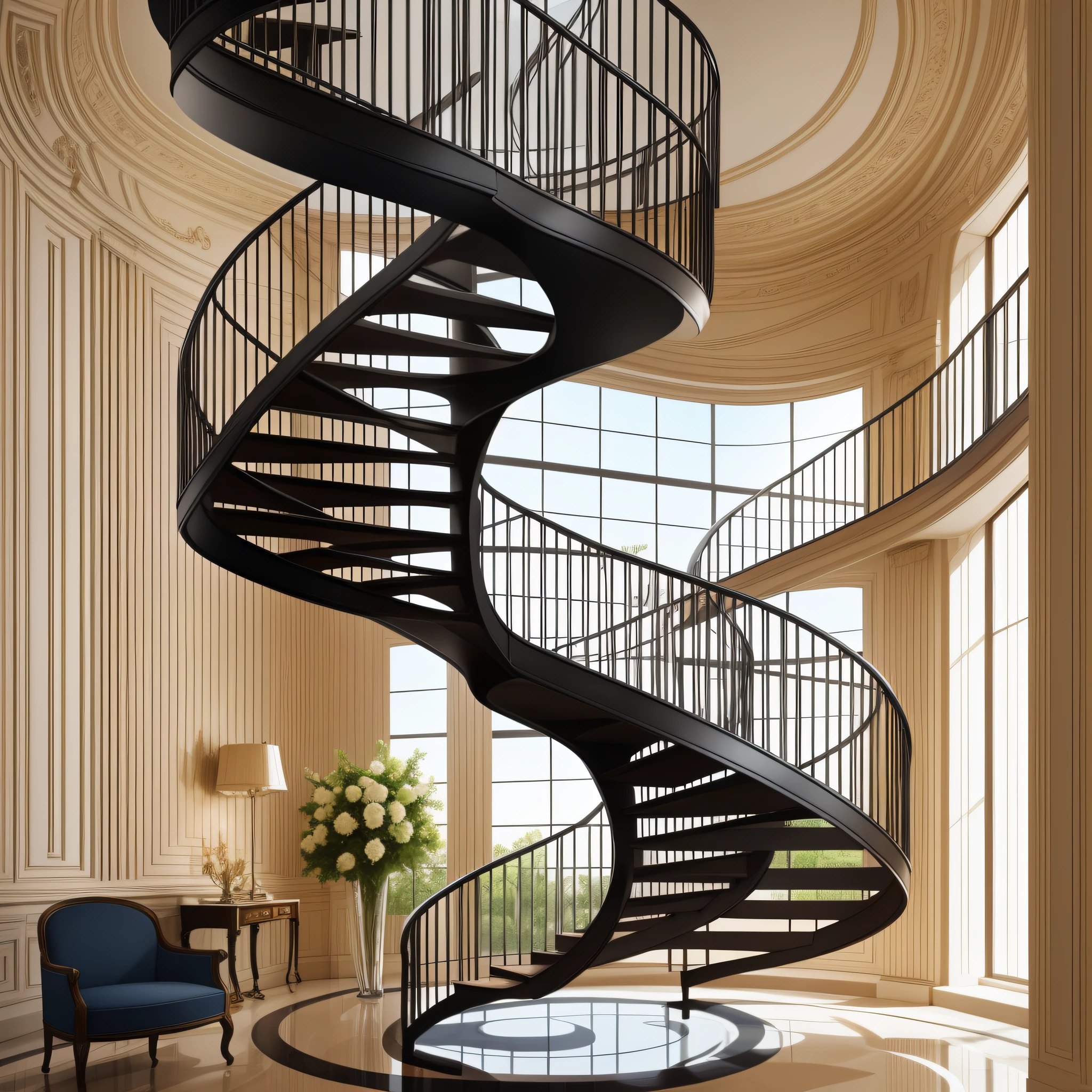 spiral staircase, spiral staircase, modern, fashionable, architectural beauty, beautiful, museum-like atmosphere --auto --s2