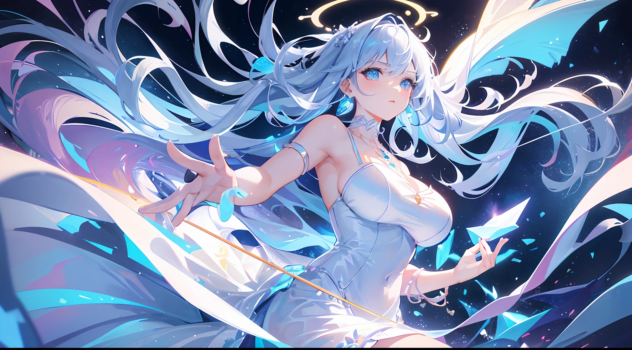 Masterpiece, Superb Illustration, Saxophone Blue, Platinum Earrings, Platinum Necklace, White Dress, 1girl, Cute, (Dynamic Light: 1.2), Cinematic Light, Delicate Facial Features, Detailed Eyes, Sharp Pupils, Realistic Pupils, Depth of Field, Background Bokeh, Clear Focus, (Ultra Detailed, Halo, Glow: 1.4), Many Small Gems, 8K, Masterpiece, Best Quality, Movie Stills, 1Girl, Floating in the Sky, Interlaced Clouds, Clouds, (Close-up: 1.1), bright, happy, funny, soft lighting, (Bauhaus, shapes, lines, abstraction: 1.1) official art, Unity 8k wallpaper, ultra detail, beautiful and beautiful, masterpiece, best quality, (dynamic angle: 1.4), romantic depth of field exotic_dance, PerfectNwsjMajic, (masterpiece, top quality, best quality, official art, beauty and aesthetics: 1.2), extreme detail, colorful, highest detail, transparent dress, romantic style, multi-color transparent fabric, ethereal fairy tale, light dress, flowing dress, sexy dress, really perfect body, huge amazing goddess shot, thicc,