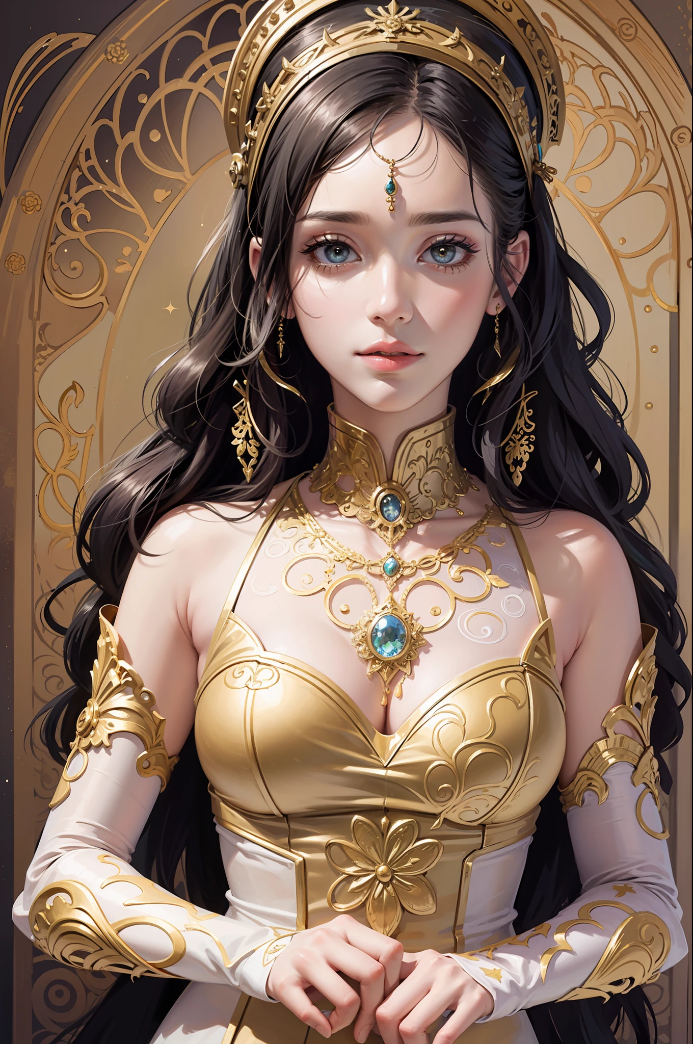(masterpiece, top quality, best quality, official art, beautiful and aesthetic:1.2), (1girl), extreme detailed,colorful,highest detailed, official art, unity 8k wallpaper, ultra detailed, beautiful and aesthetic, beautiful, masterpiece, best quality, (zentangle, mandala, tangle, entangle) ,holy light,gold foil,gold leaf art,glitter drawing, PerfectNwsjMajic