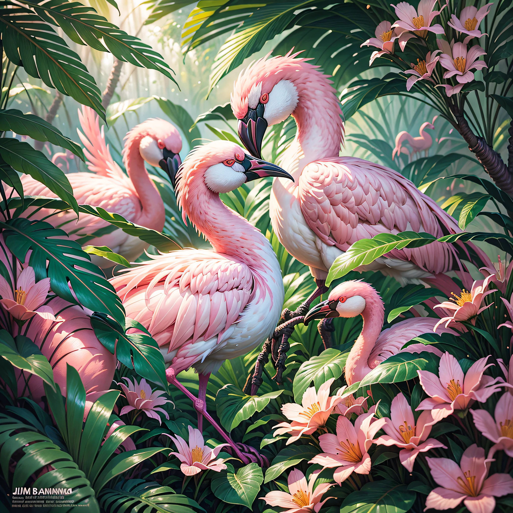 poster of a film, professional photography, digital illustration, detailed and intricate, heavy rains, dense jungle and full of flamingos in a tropical setting and flowers, flamingos, flamingos, sunlight filtering through the canopy creating a magical effect, In the style of Yoshitaka, hildebrandt, by Brian Thomas, flamingo, tropical birds, by David B. Mattingly, portrait of a pink gang,  kiss, amazing art, jim warren, john banovich, highly detailed oil painting, family portrait, by Joop Sanders, camaraderie, artstation, trend in artstation, intricate realistic, great shooting, cinematic composition, 8k wallpaper, hdr, chromatic aberration, CGsociety trend, volumetric lighting