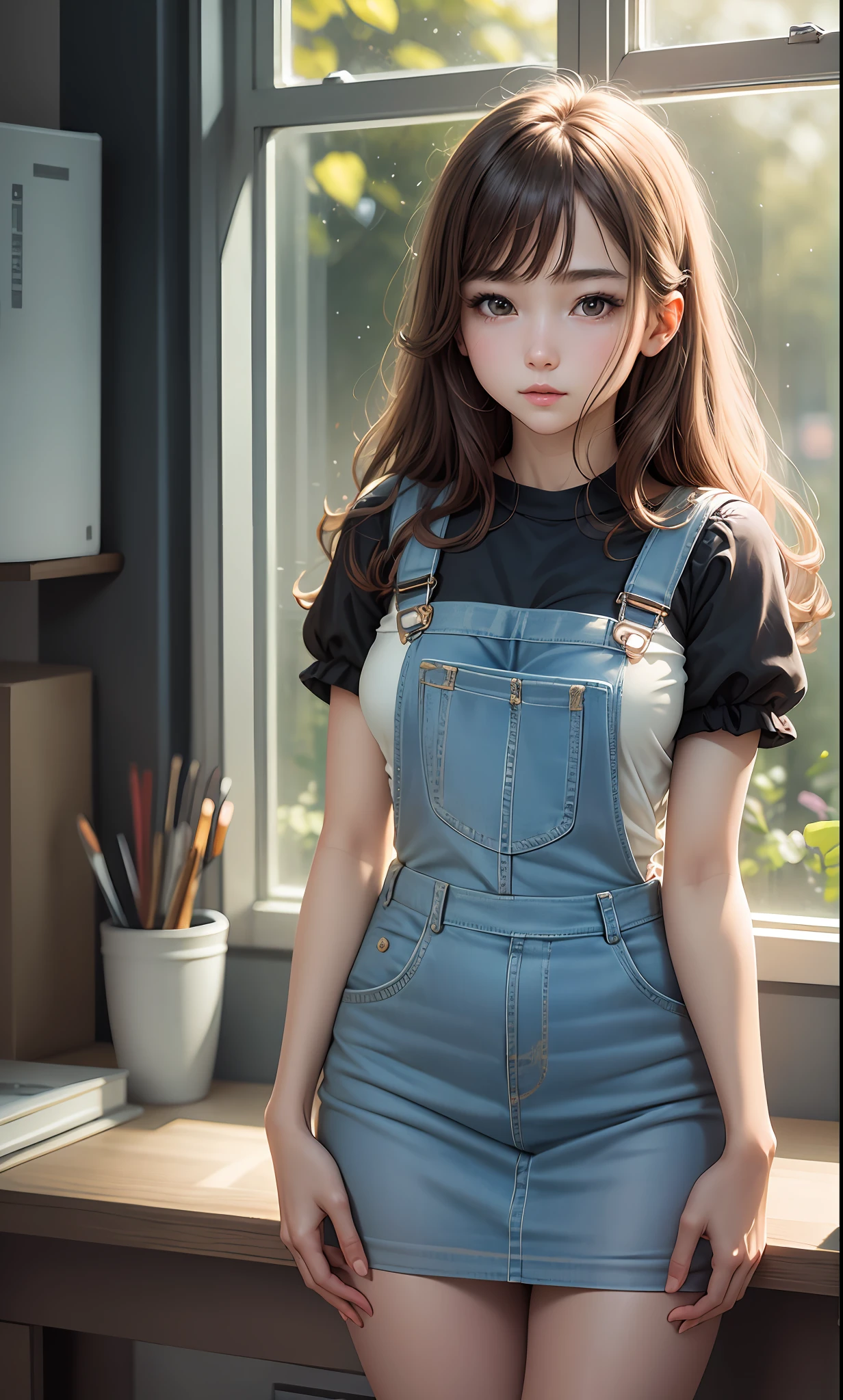 Highest quality, highest quality, masterpiece, solo, depth of field, delicate and moist skin girl, delicate and beautiful facial features, full-body lens, office overalls, perfect figure, random office equipment, exquisite CG, gorgeous highlight, crystal clear, sunlight through the window, absolutely beautiful, charming, shiny, perfect, ultra-clear, 16k