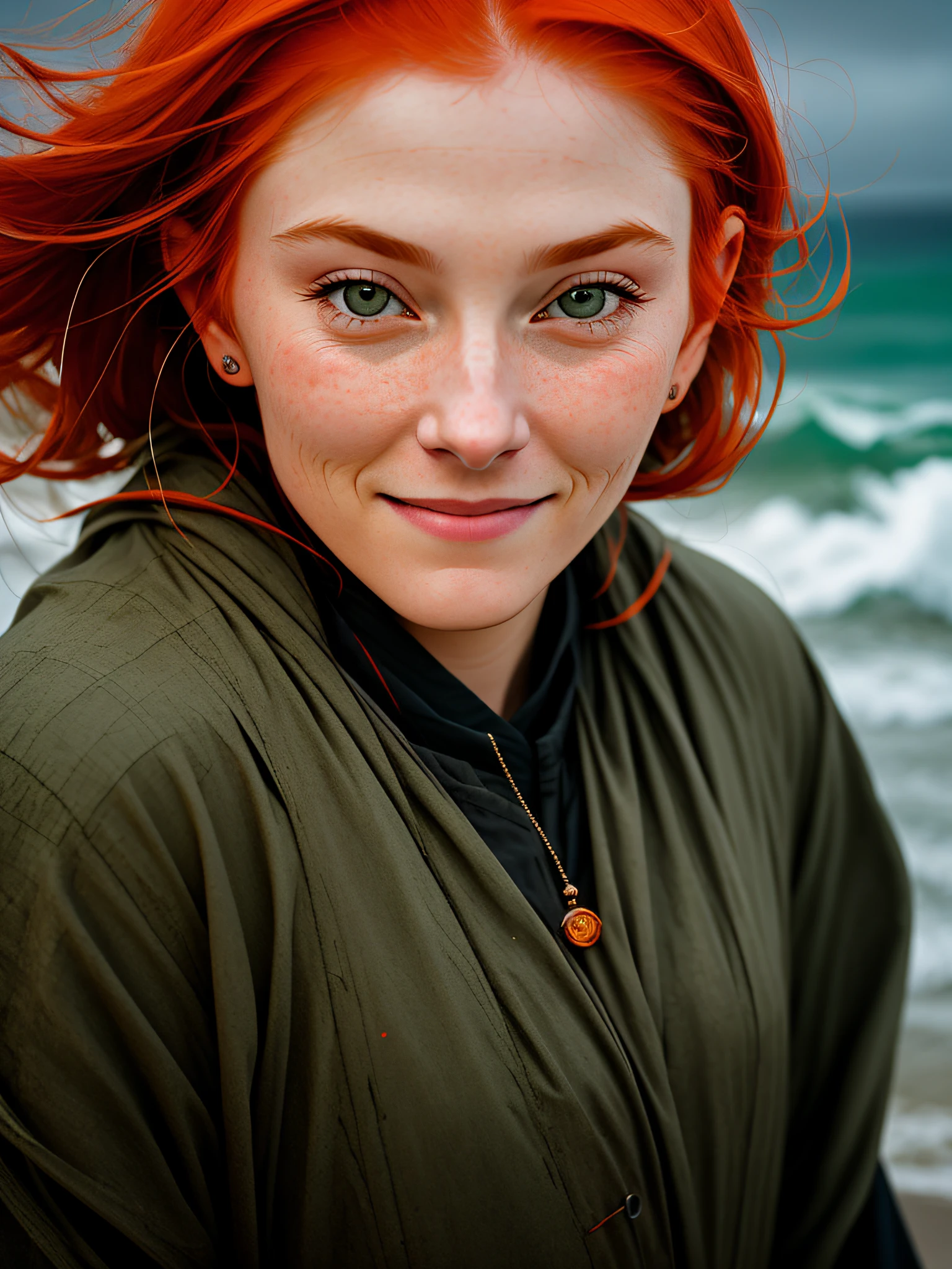 a smiling ginger woman, a sea beach, cinematic, dimmed colors, dark shot, muted colors, film grainy, lut, insane details, intricate details, hyperdetailed, closeup, twilight