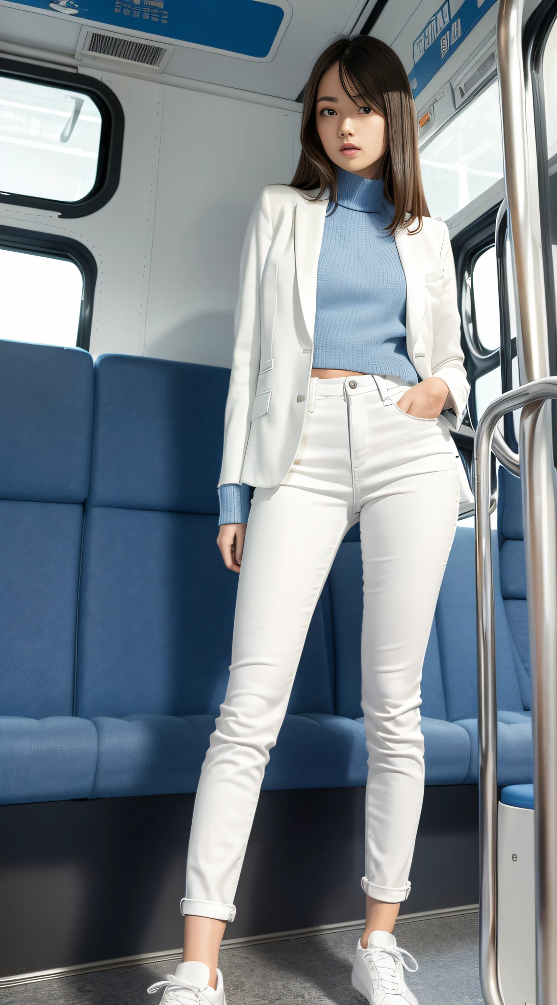 A long-legged girl wearing a white suit, blue skinny denim trousers and sneakers sits inside the bus